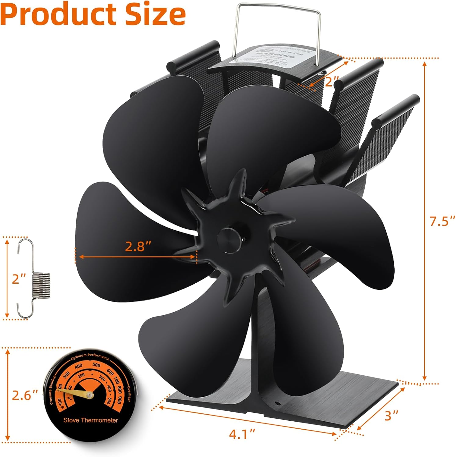 TCFUNDY 6 Blades Heat Powered Wood Stove Fan Fireplace Fan Non Electric for Wood Burning Stove/Pellet/Log, Heat Powered fan, Silent Operation, With Magnetic Thermometer, Black