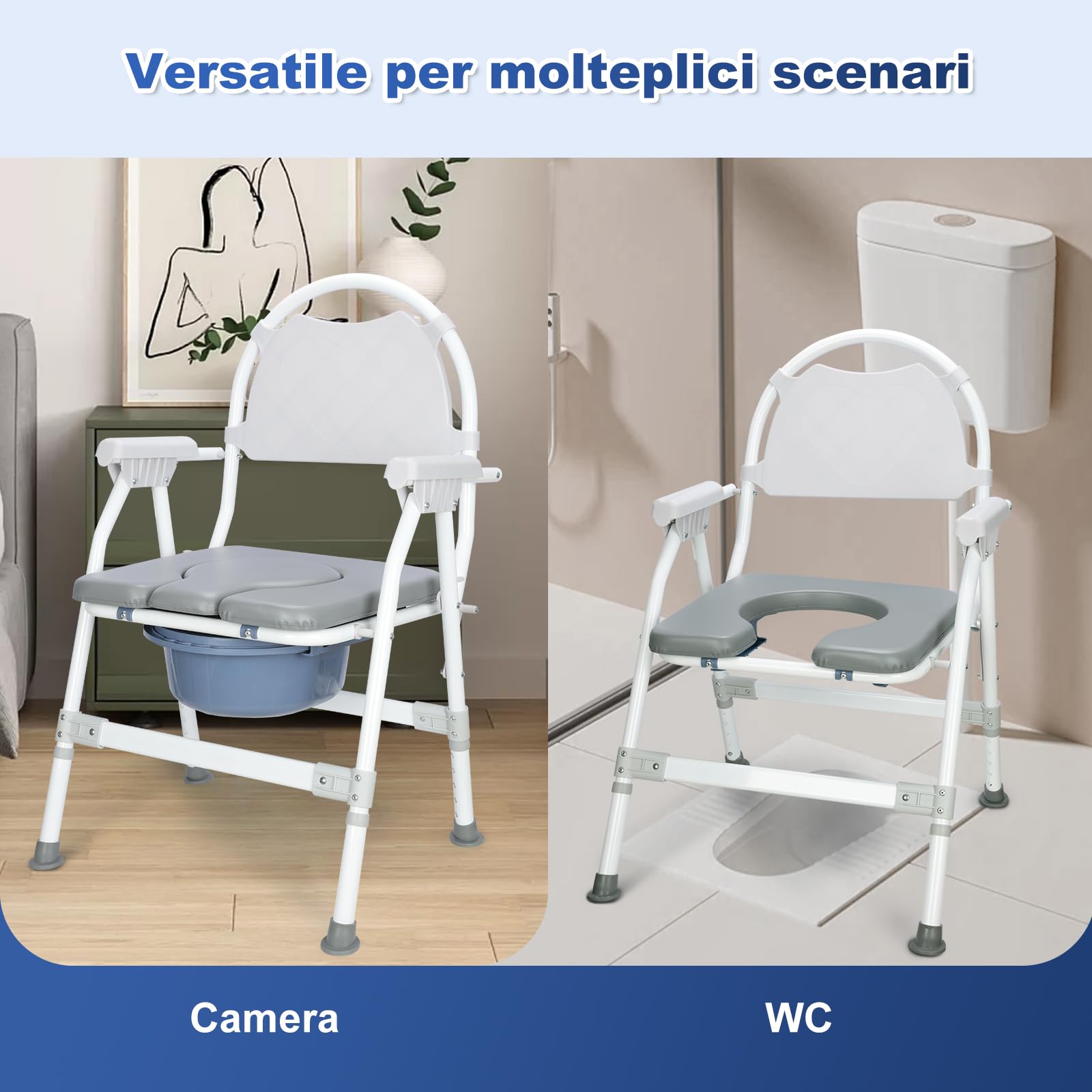 supregear Sedia Da Toilette Pieghevole, Sgabello Da Bagno/doccia con Altezza Regolabile E Secchio Rimovibile, Seduta Imbottita E Meccanismo di Sicurezza, Comodino per Anziani, Disabili, Grigio