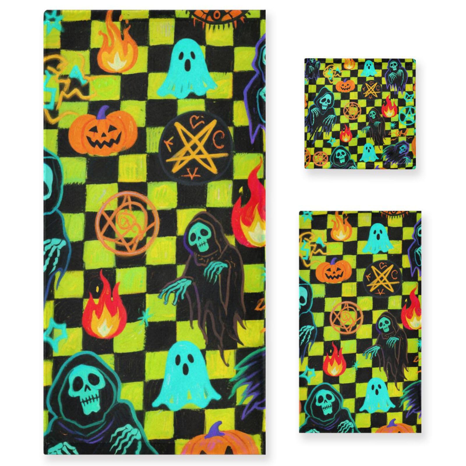 Halloween żółte i czarne dynie miękkie ręczniki do twarzy zestaw 3 sztuk, 1 ręcznik kąpielowy 1 ręcznik do rąk 1 myjka do domu kuchni hotelu siłowni pływania spa