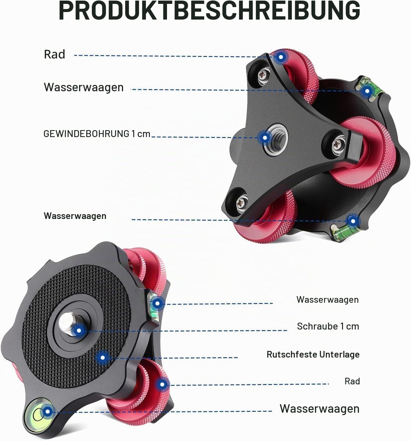 NEEWER Stativkopf Nivelliersockel, Kamera Nivelliergerät, 3 Achsen Dreiradkopf aus Flugzeugaluminiumlegierung, 3/8" Gewinde, -5° präzise Winkeleinstellung für Makro Panoramafotografie, LP64