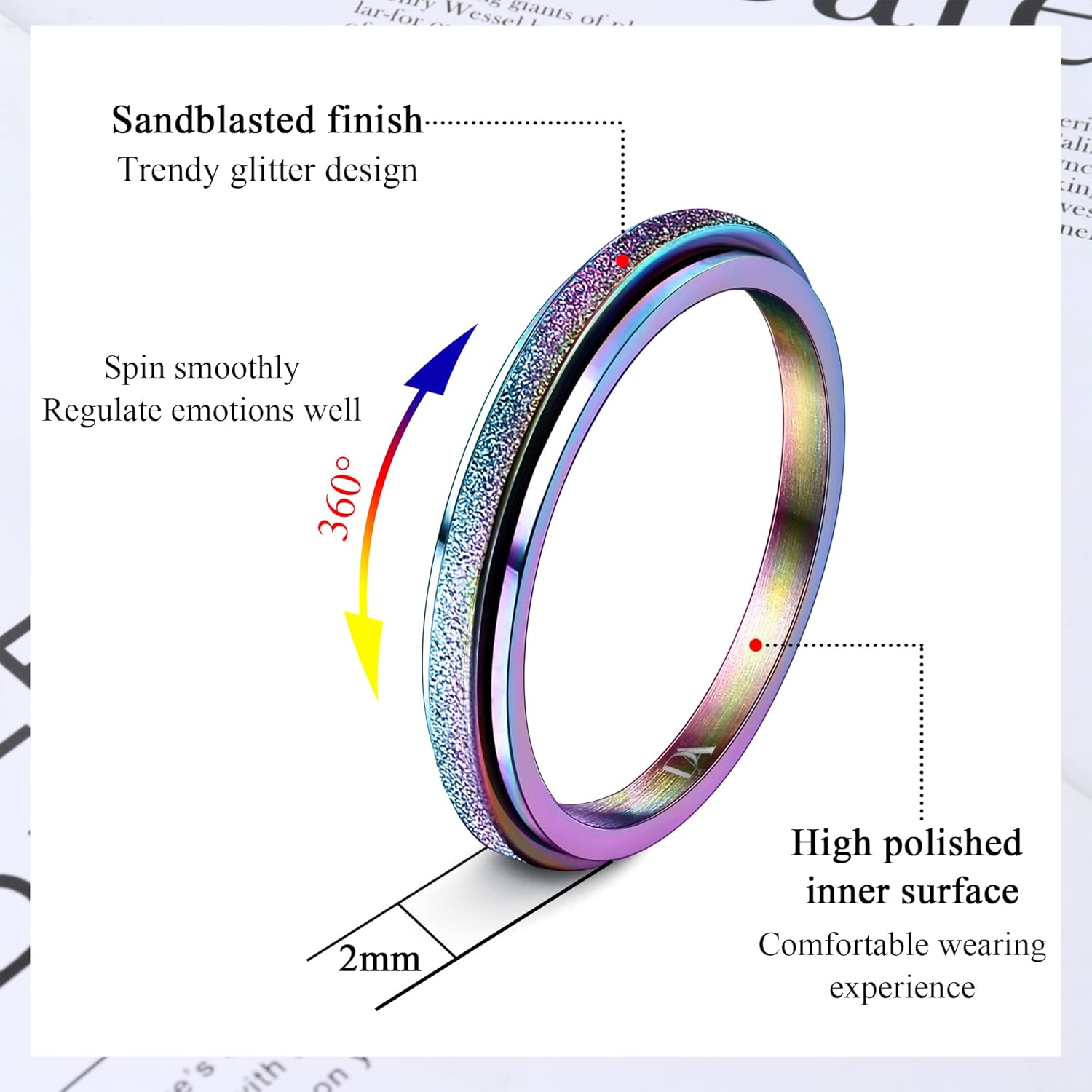 Diamday Fidget Rings for Women Men -2 4mm Titanium Steel Spinner Ring for Anxiety Stress Relief Glitter Sandblast Spinning Figit Anxiety Jewelry for Women Gifts
