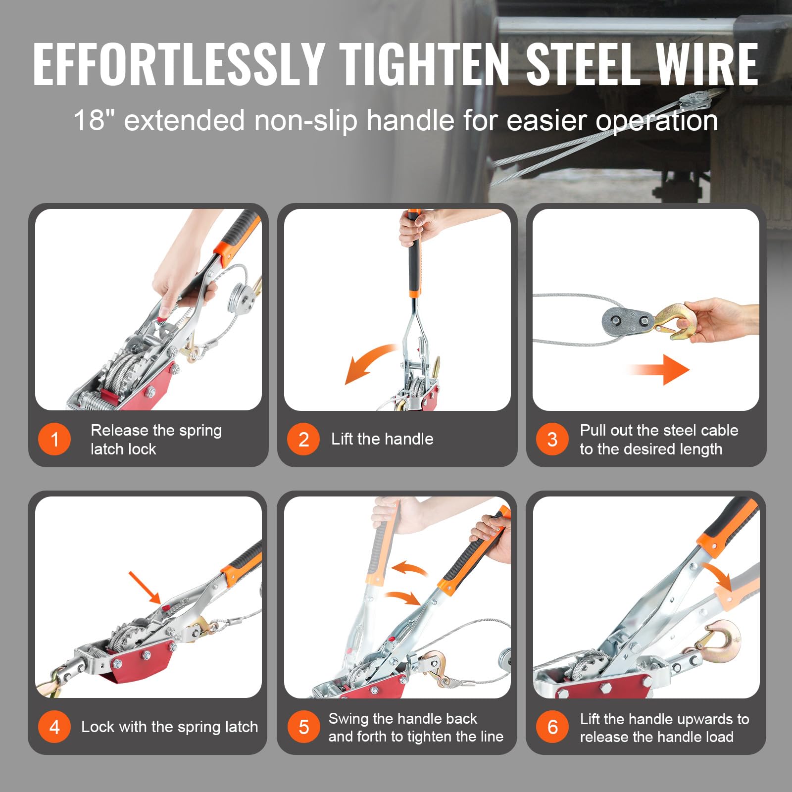 VEVOR Cabrestante de Tracción, Capacidad de Tracción de 4 T Cable de Acero de 3 m con 3 Ganchos, Herramienta Extractora de Trinquete Extractor de Cable de Elevación para Rescate de Vehículos