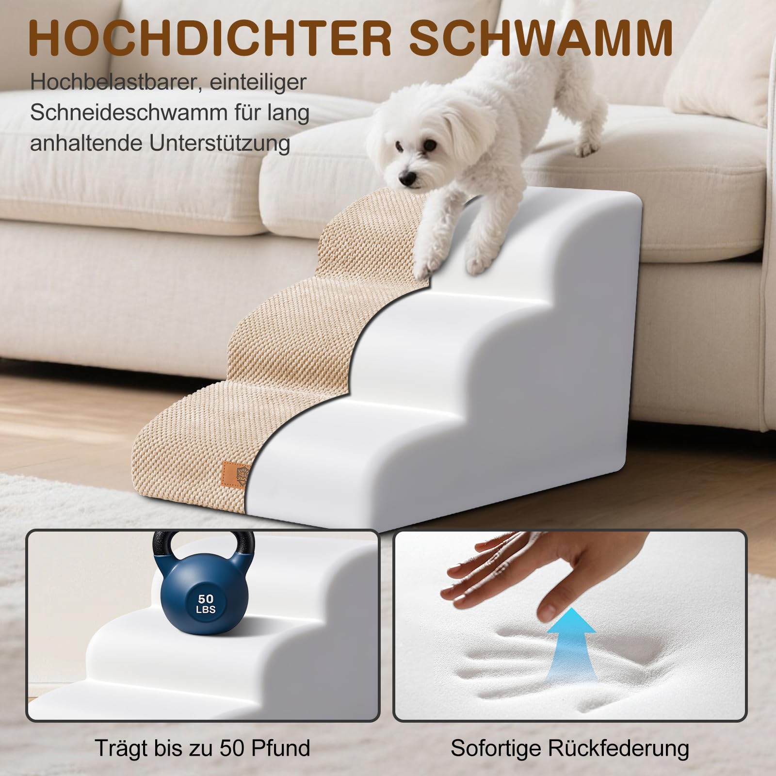Masthome Hundetreppe für Kleine Hunde,Haustiertreppe 3 Stufen,Hunderampe aus Hochdichtem Schwamm für Bett und Sofa,Katzentreppe mit Waschbar Plüschbezug,40cm Hoch,Beige