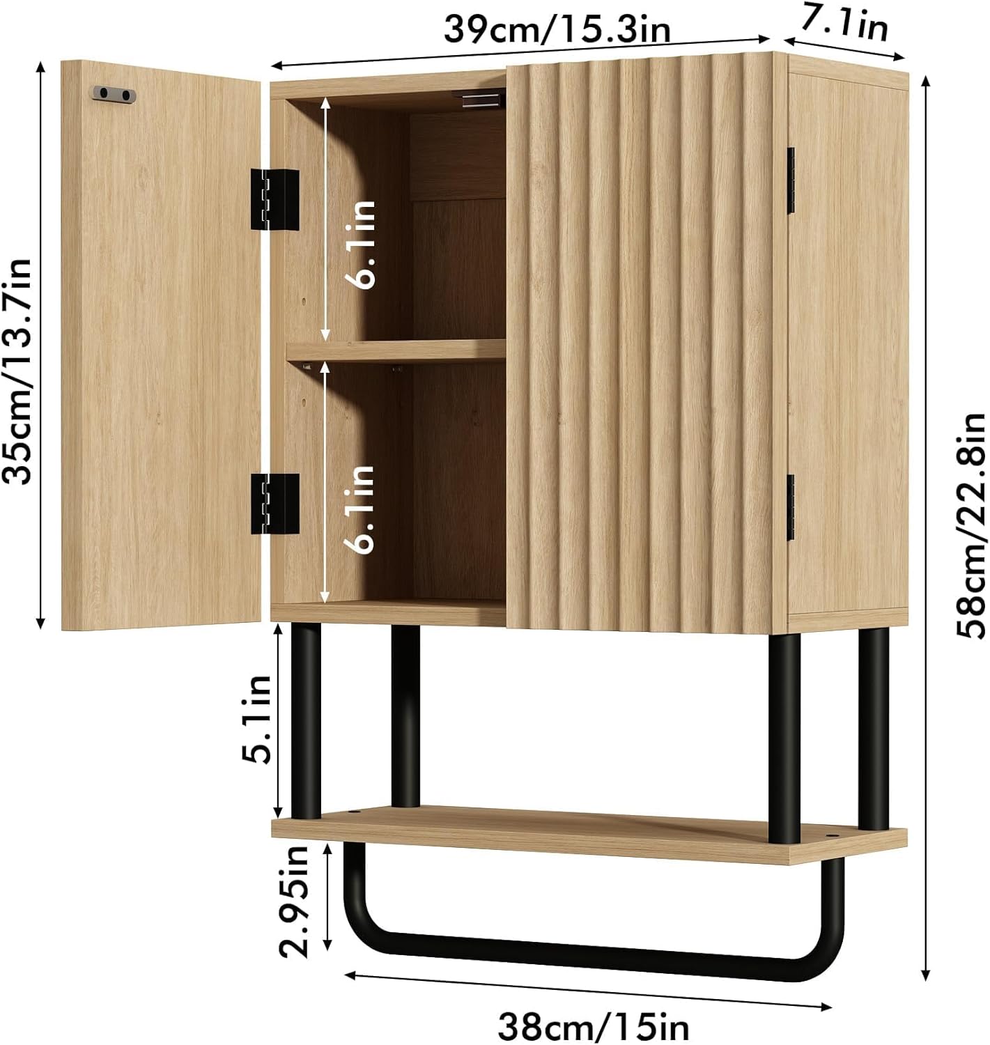 Diagram showing the dimensions of the RUSTOWN cabinet: 39cm/15.3in width, 35cm/13.7in height for the top section, 58cm/22.8in total height, 17.8cm/7.1in depth, 38cm/15in width for the bottom shelf.