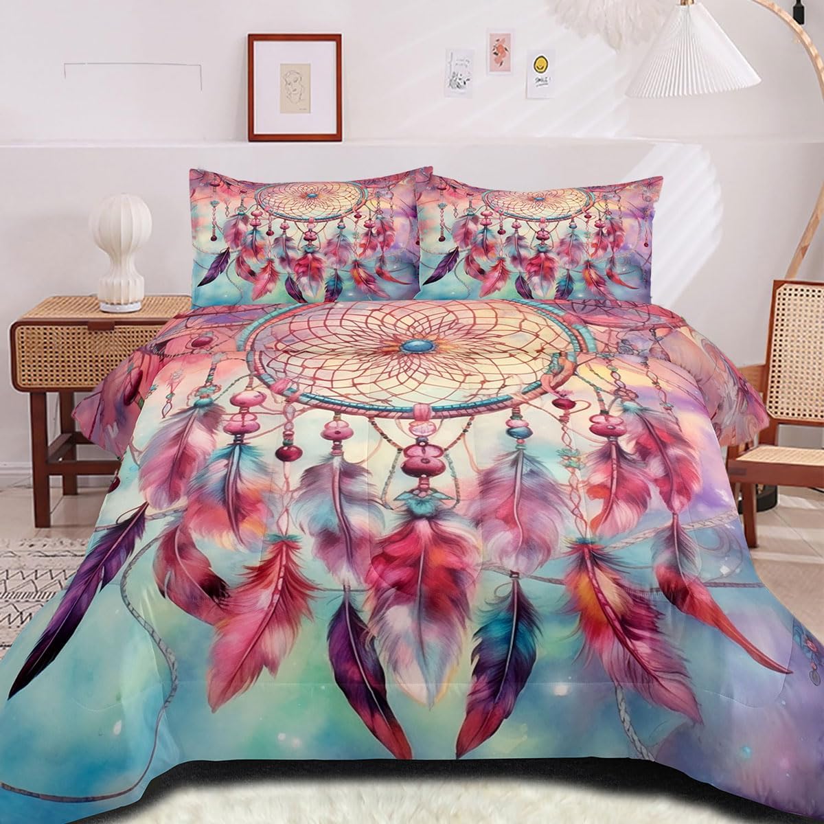 CCoutueChen Dream Catcher Comforter Set King Size Pink Blue