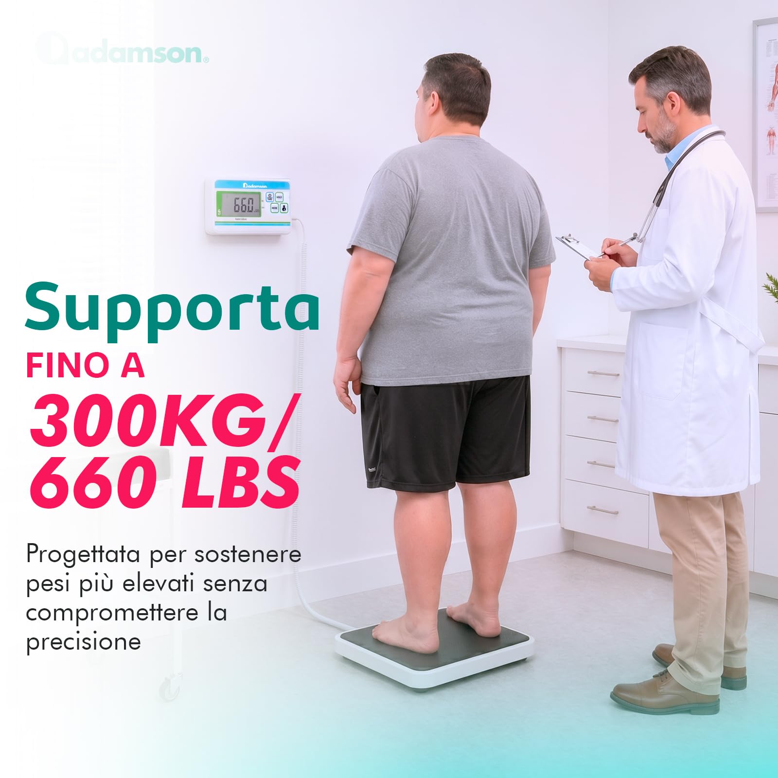 Bilancia Pesapersone Professionale Adamson – Bilancia Medica Extra Larga 300 kg con Alta Precisione di 10 g – Bilancia Digitale Bariatrica per Casa, Clinica o Ospedale – Alimentazione USB o 3×AA