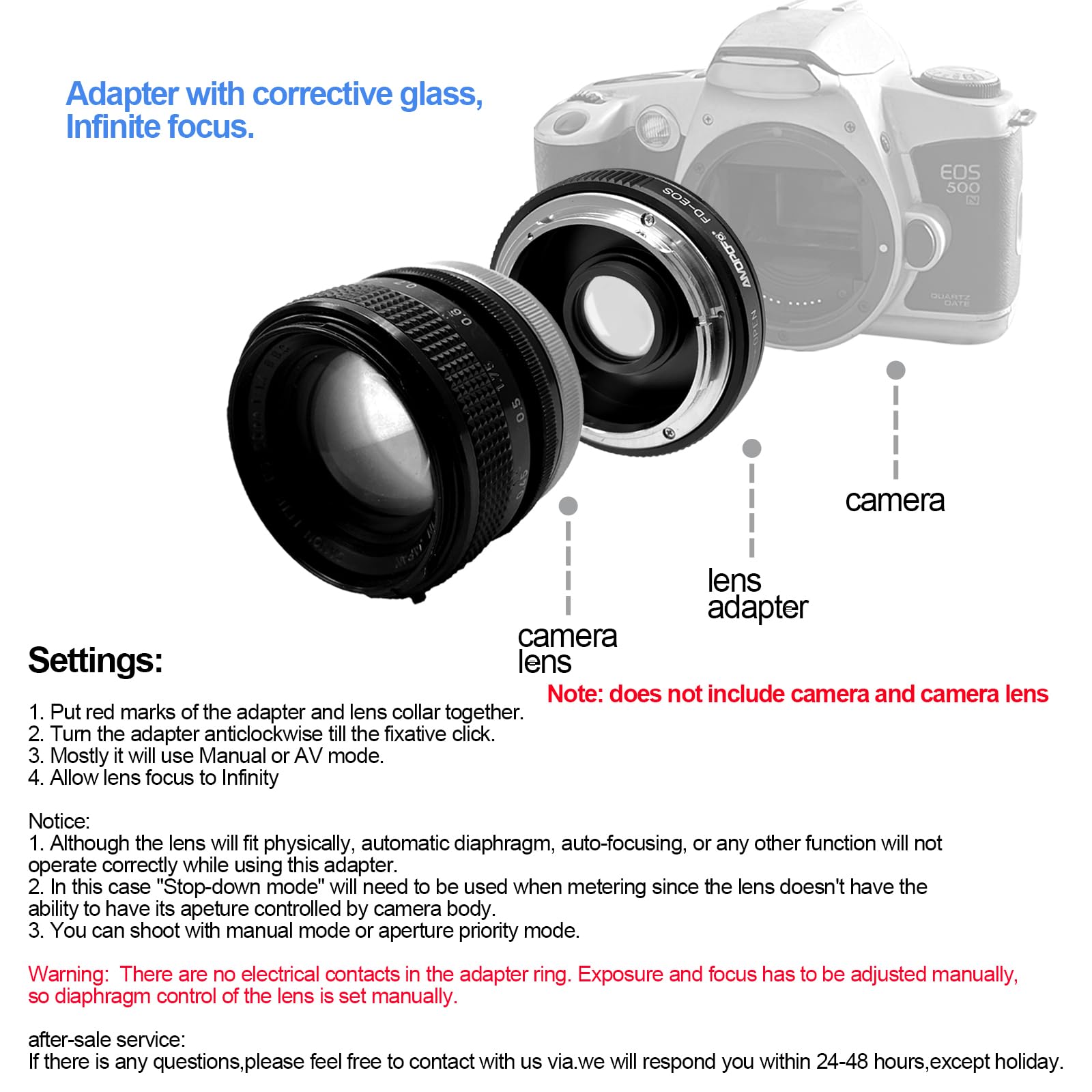 FD-EOS Adattatore per obiettivo per obiettivo Canon (FD/FL), compatibile con fotocamera EOS EF-S Mount 7D,10D,20D,30D, 40D,50D,60D, Rebel xt,T2i,T3,T3i,T4,400D,450D,1300D