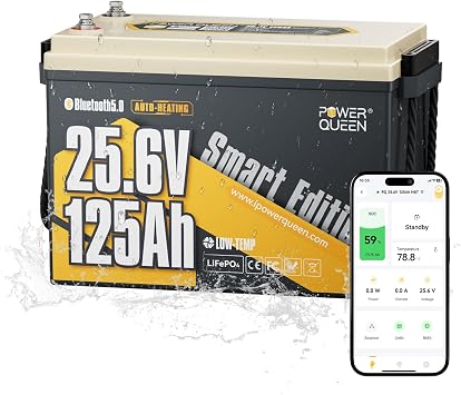 Power Queen 24V125Ah Bluetooth Lithium Battery with Self-Heating for Marine
