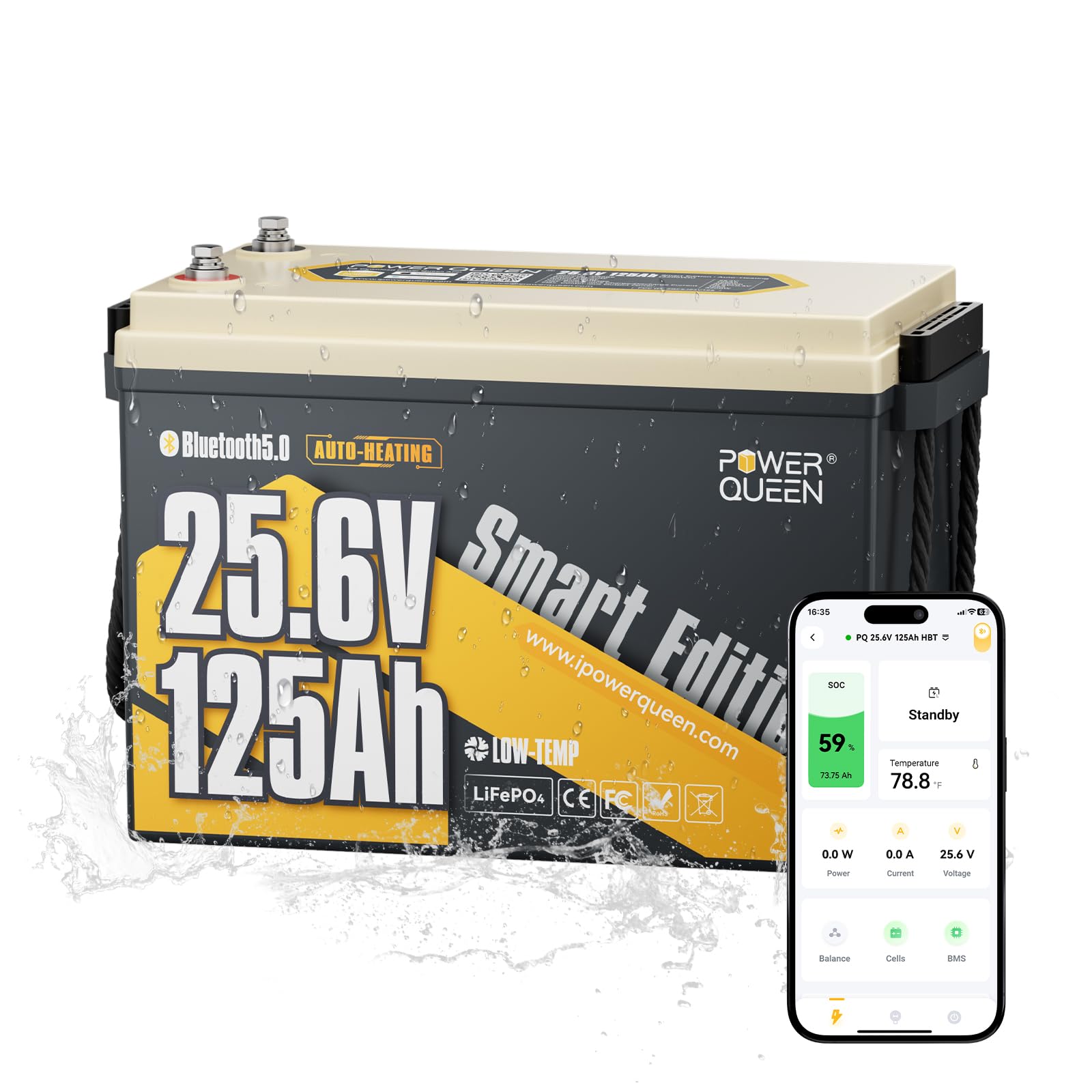 Power Queen 24V125Ah Bluetooth Lithium Battery with Self-Heating for Marine