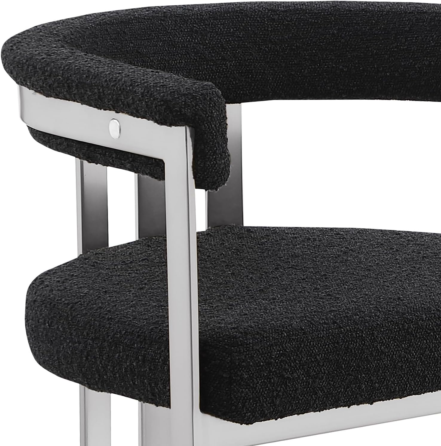 Modern Upholstered Bar Stool with Black Boucle Fabric – Matte Brushed Chrome Legs in Silver – Versatile Living Room & Dining Room Seating – Set of 1