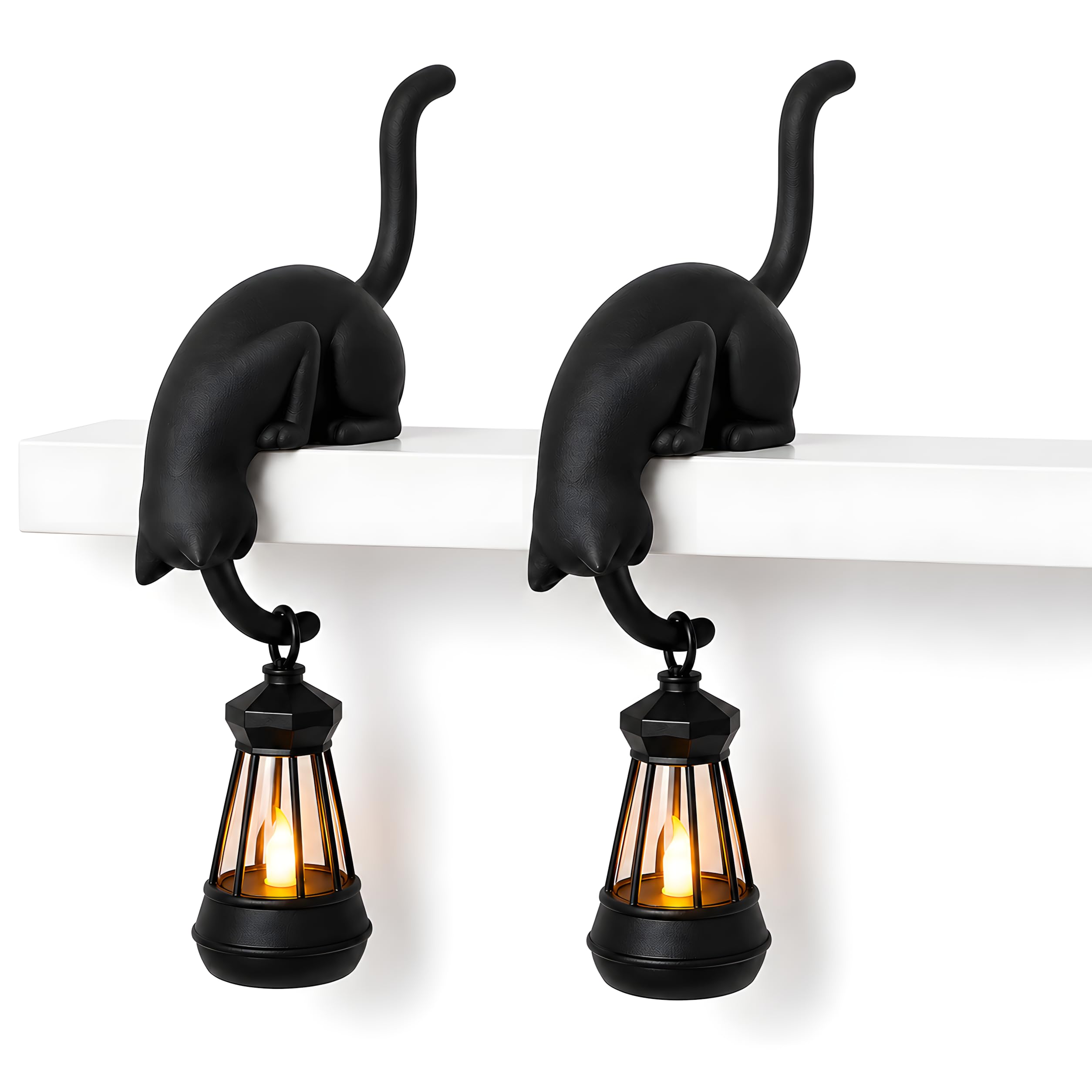 Cat with Lantern Shelf Decor, 3D Printed Bookshelf Ornament with Hanging LED Light and Key Hook for Desk Edge, Gift for Cat Lovers (Black * 2)