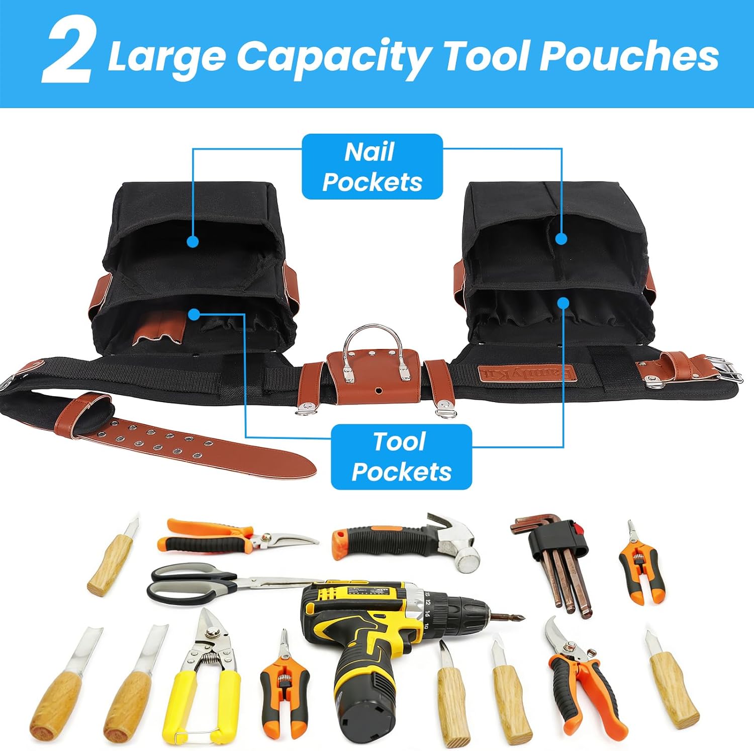 PU Leather Tool Belt, 23 Pockets Work Tools Bag Belts for Men Heavy Duty Waist Tool Pouch Belt for Electrician, Construction, Carpenter, Framers