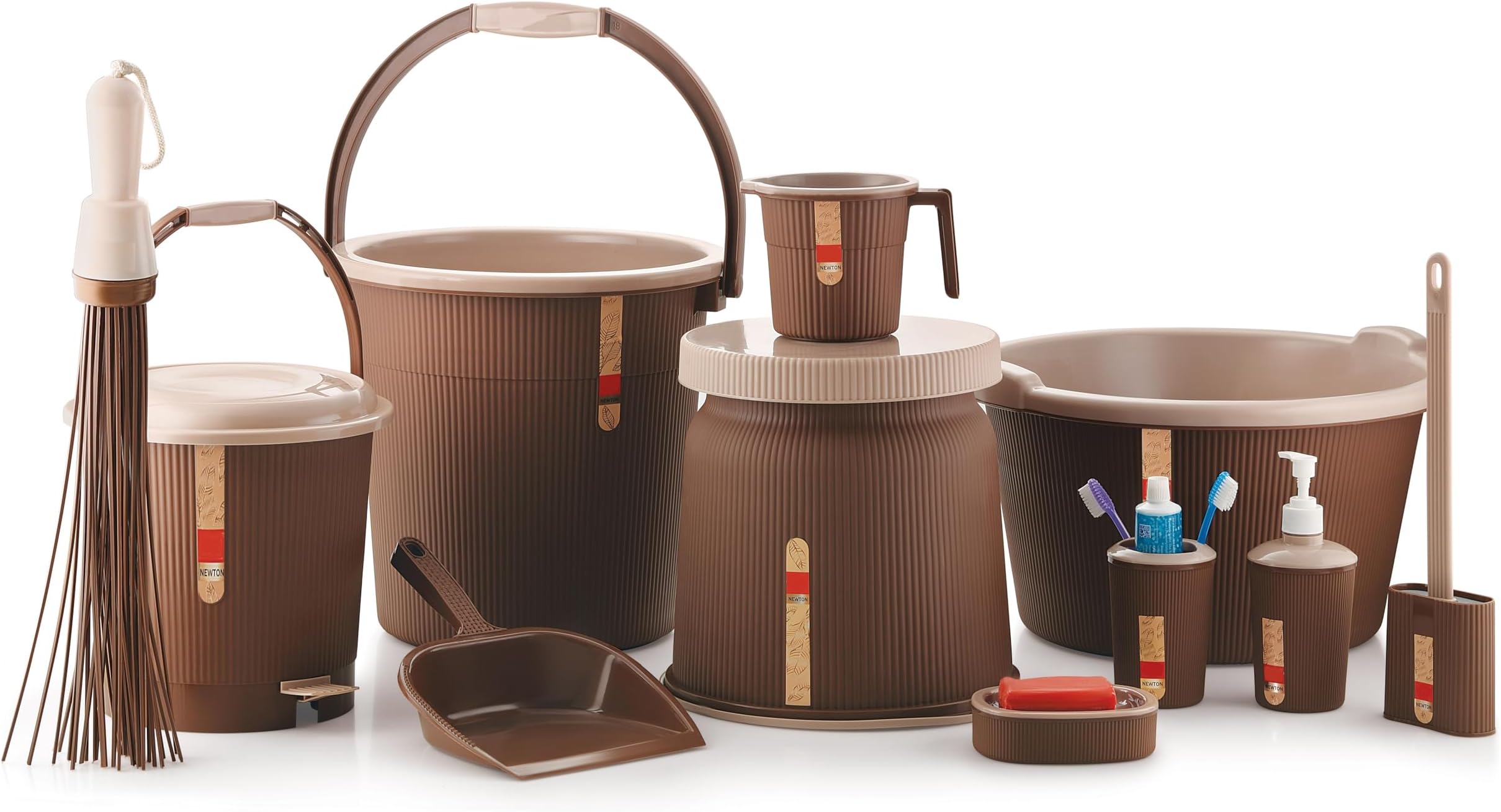 Nabhya Newton 11Piece Complete Plastic Bathroom Essential Set for Home, Kitchen & Bathroom Includes 20L Bucket, 18 L Tub, Big Stool, Dustbin, and More (Pack of 11) (Brown)