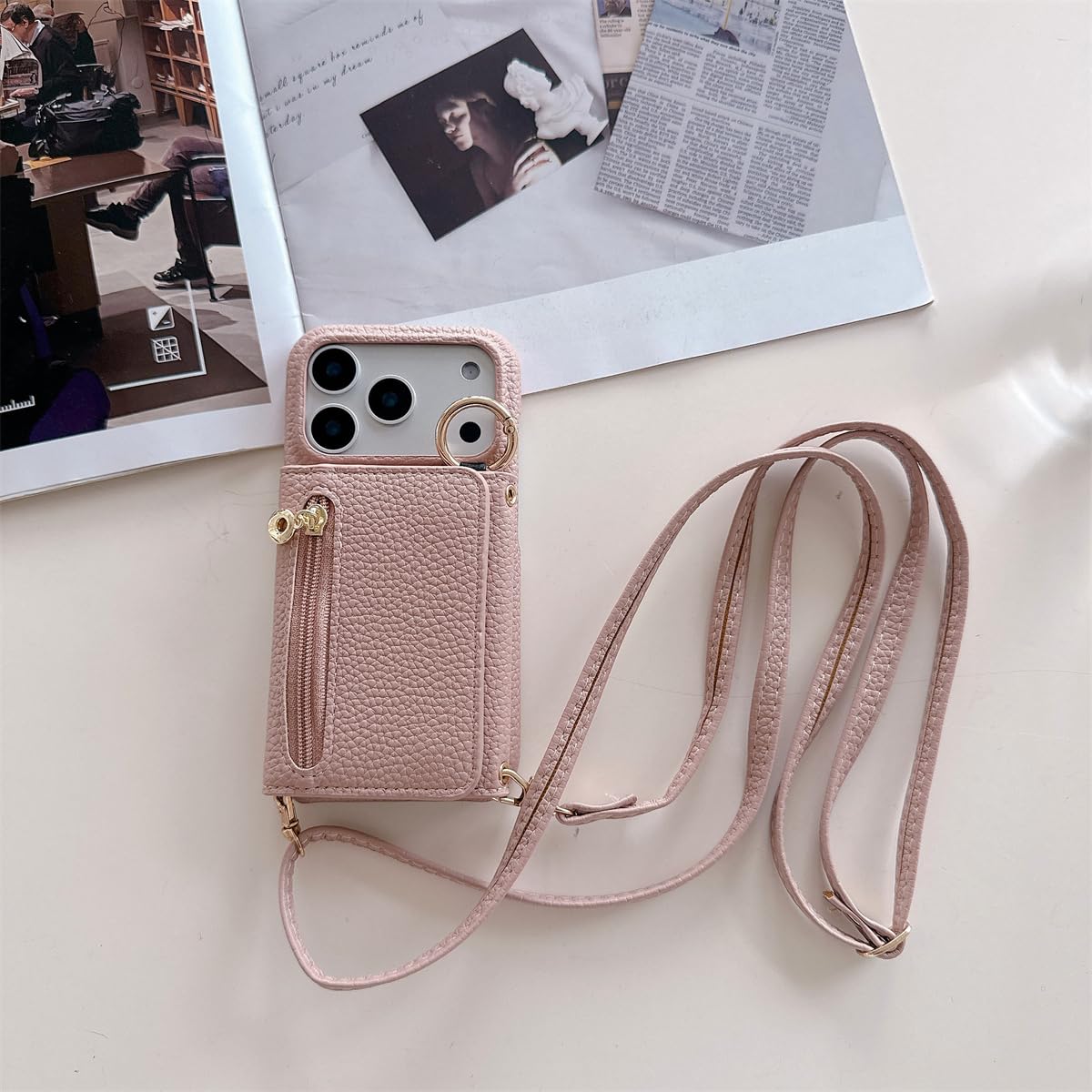 Coque portefeuille iPhone 16 rose zippée anti-chute avec support de visionnage stable - 8