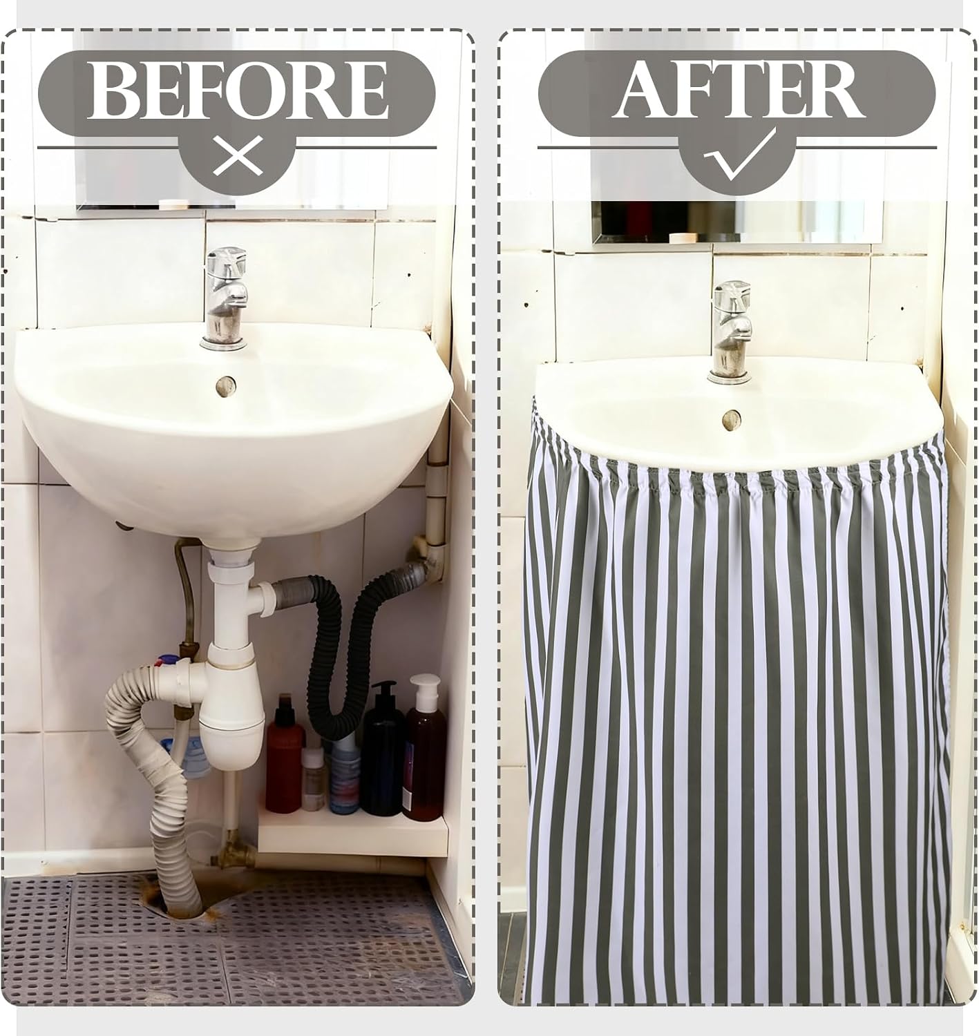 Hahafelt Fabric Sink Skirt 55"x32" Self-Adhesive Cabinet Skirt, Stripe