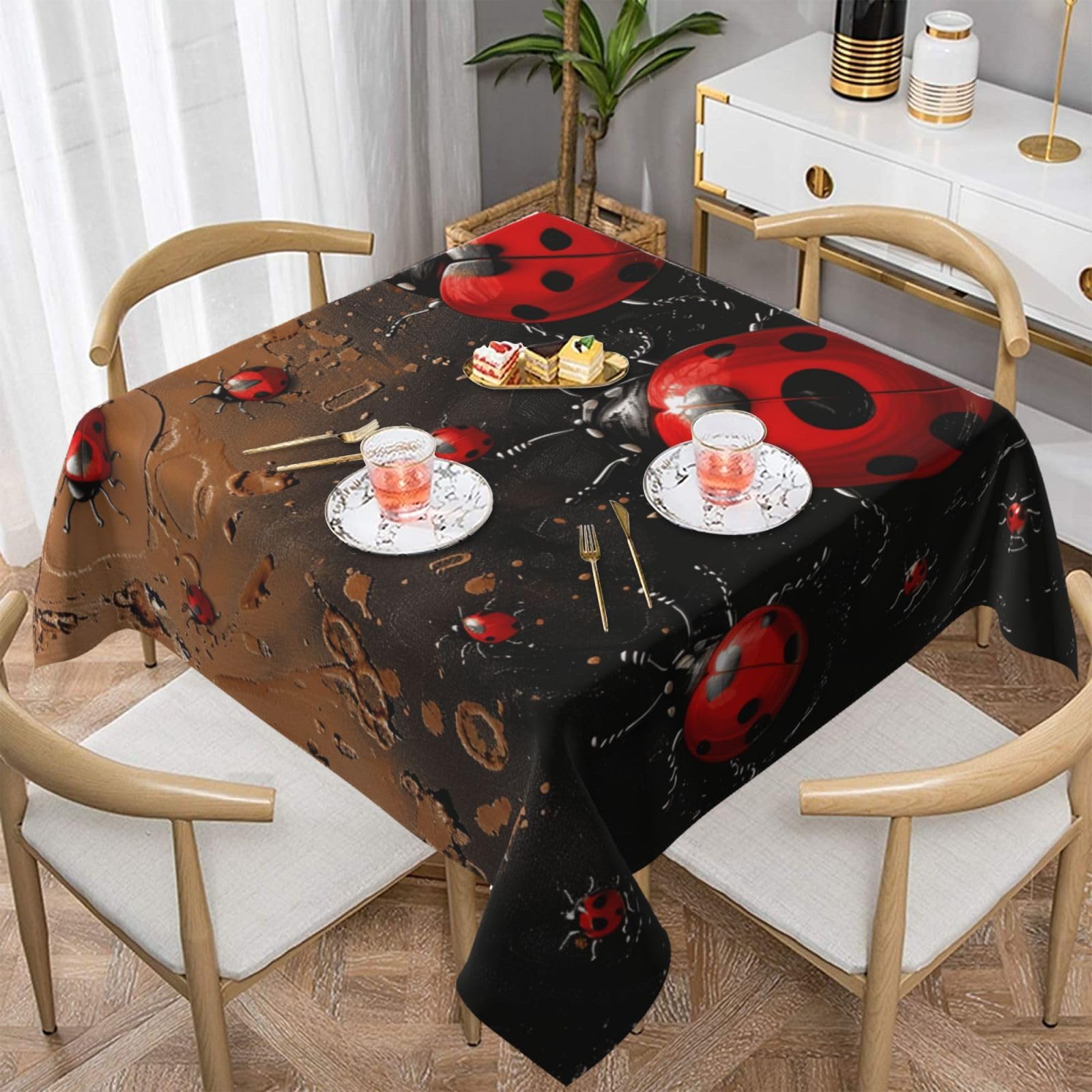 WPKJU Art Ladybug Tracks Printed Square Tablecloth 60x60 inch Water Resistant Table Cover Washable Rectangle Table Cloth for Dining Tables
