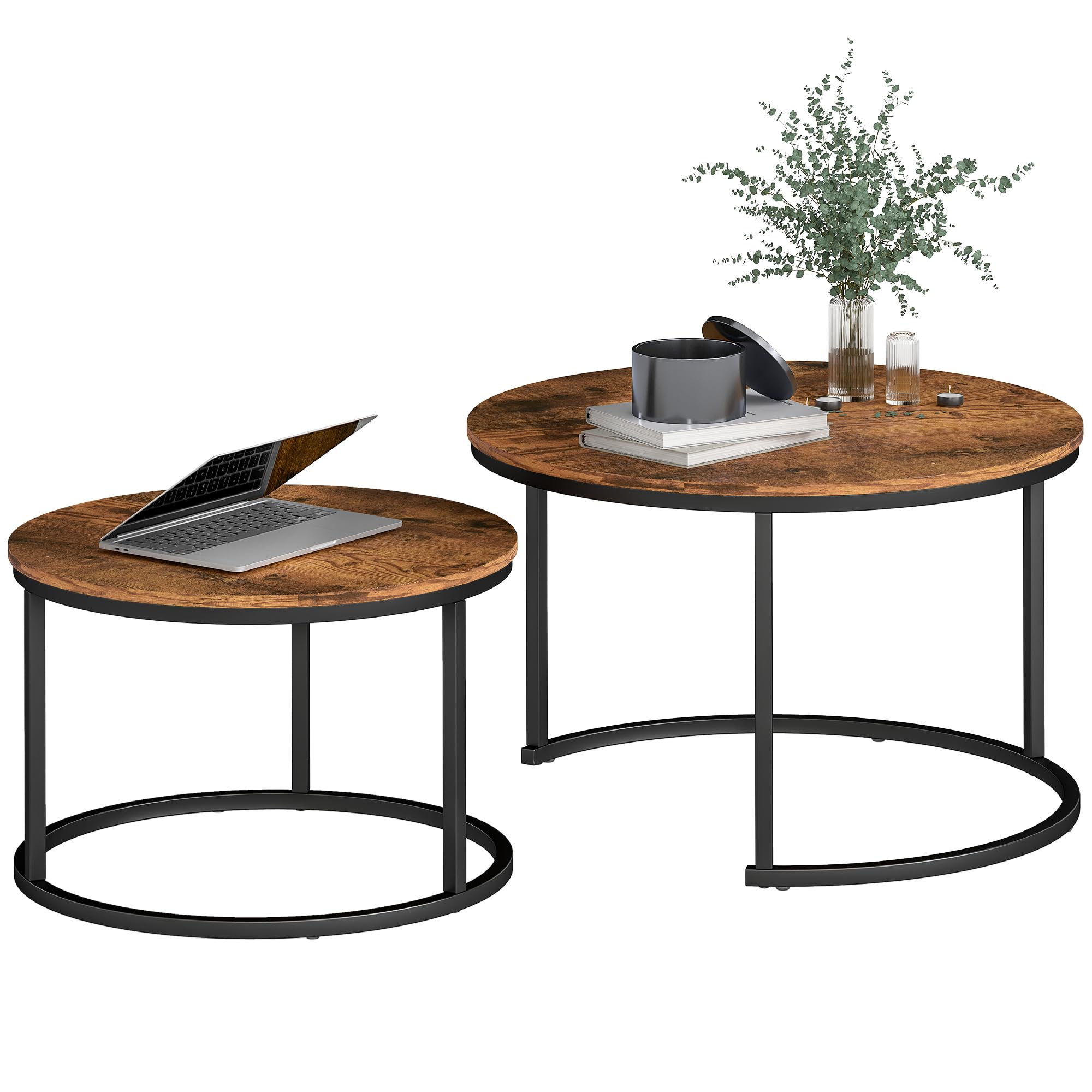 Homcom Brown/Black Marble Coffee Table Set Of 2, Round Nest Of Tables, Rustic - Rustic Tabletop, Matte Frame - Rustic Veneer - Steel Frame: 20X20x0.8mm
