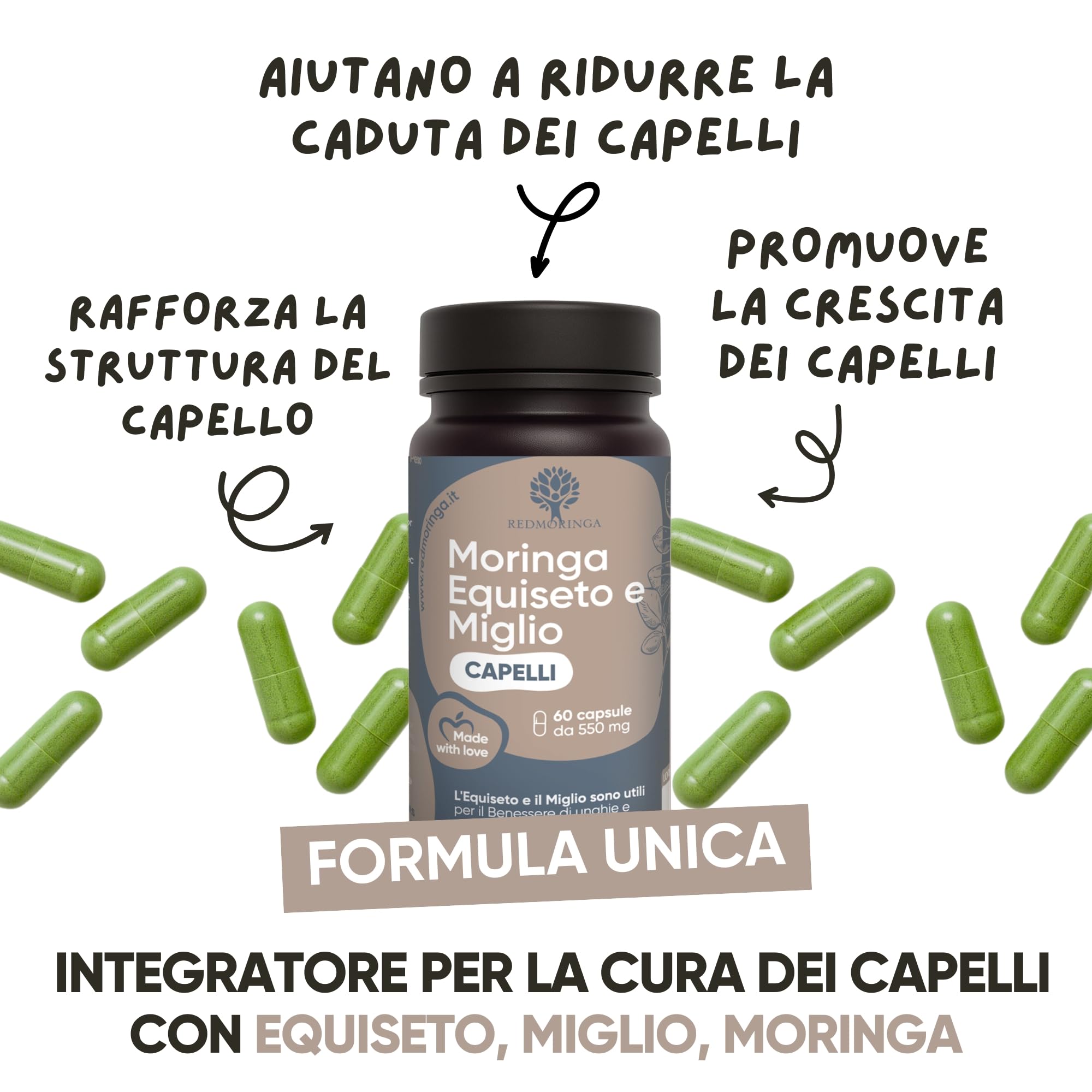 Integratore Biotina Capelli con Moringa, Equiseto, Miglio, Zinco, Cistina, Metionina | Hair Vitamins MIX UNICO | Integratore Anticaduta Capelli Donna e Uomo | 60 Capsule Made in Italy | RedMoringa