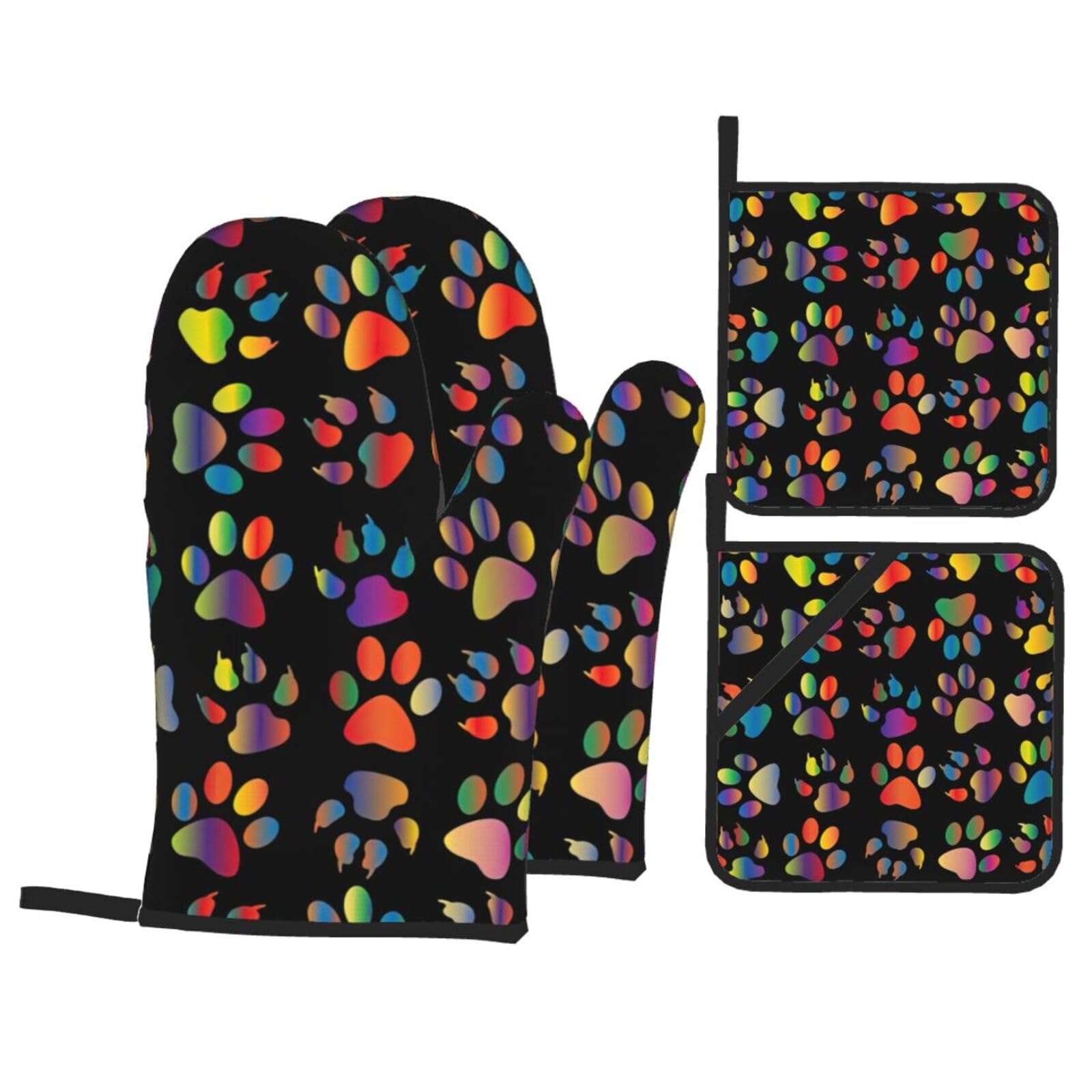 Colorful Dog Paw Print Kitchen Oven Mitts And Pot Holders Set,Hanging Loop Design For Cooking Baking Bbq