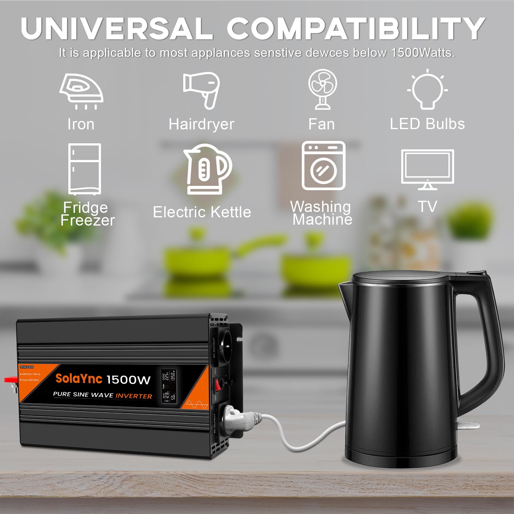 1500W Inversor 12V 230V Onda sinusoidal Pura | con Pantalla LCD, Mando a Distancia, enchufes UE, Puerto USB, Apto para autocaravanas, Campers e instalaciones solares.