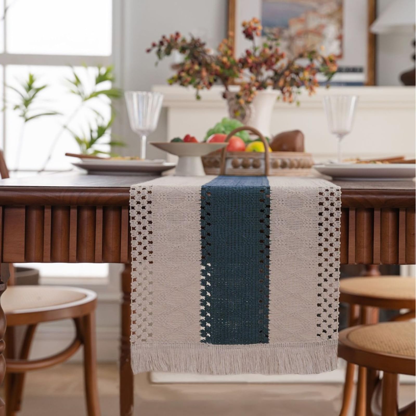 Tischläufer Polyester Baumwolle, Makramee Boho Tischläufer Deko Abwaschbar Hohl Gewebter Gestreift mit Quasten Tischdecke für Küche Dekor, 33x240 cm, Marineblau Beige