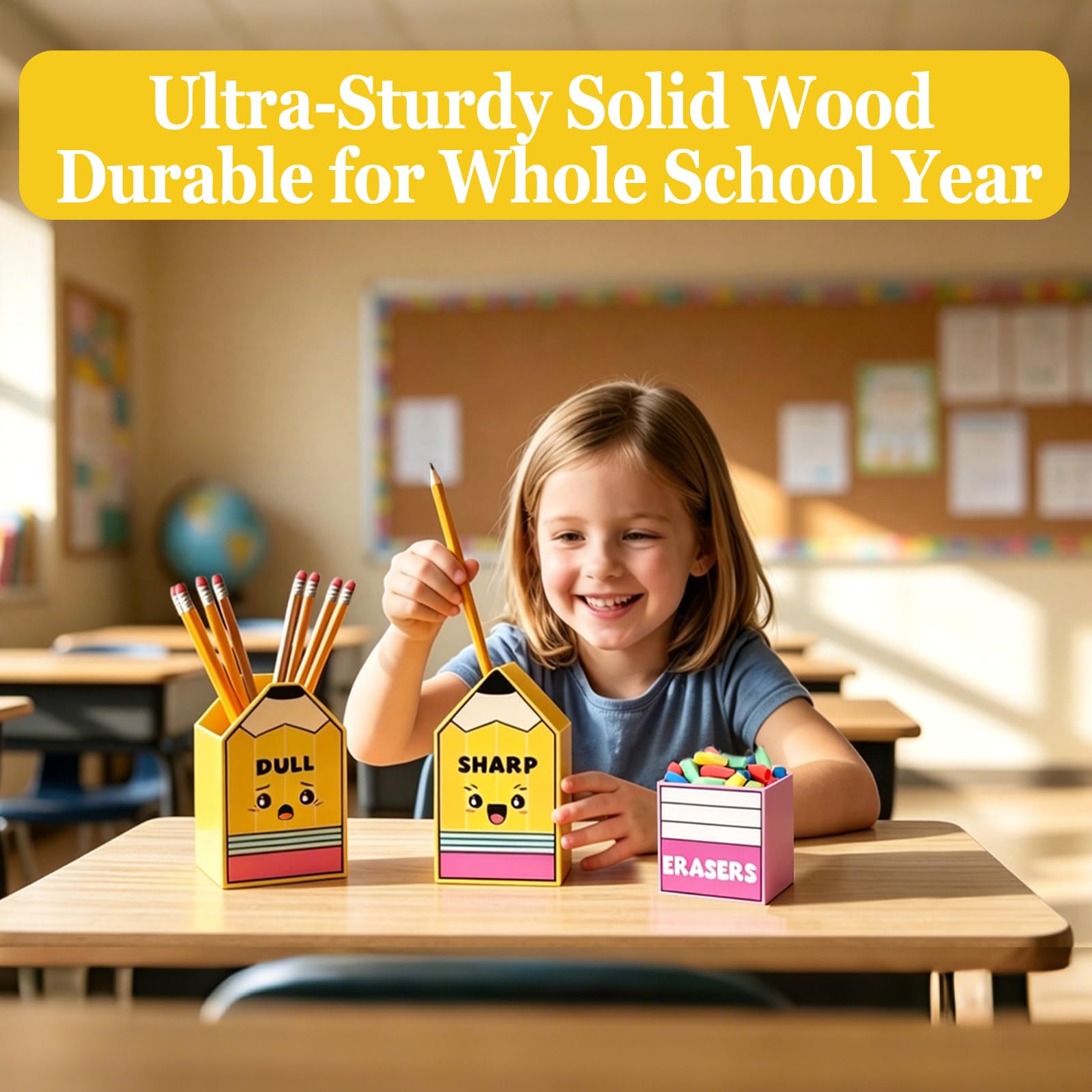 No requiere montaje, 3 portalápices de madera con forma de lápiz afilado y opaco con cubo de goma de borrar para profesores de aula, vuelta a la escuela