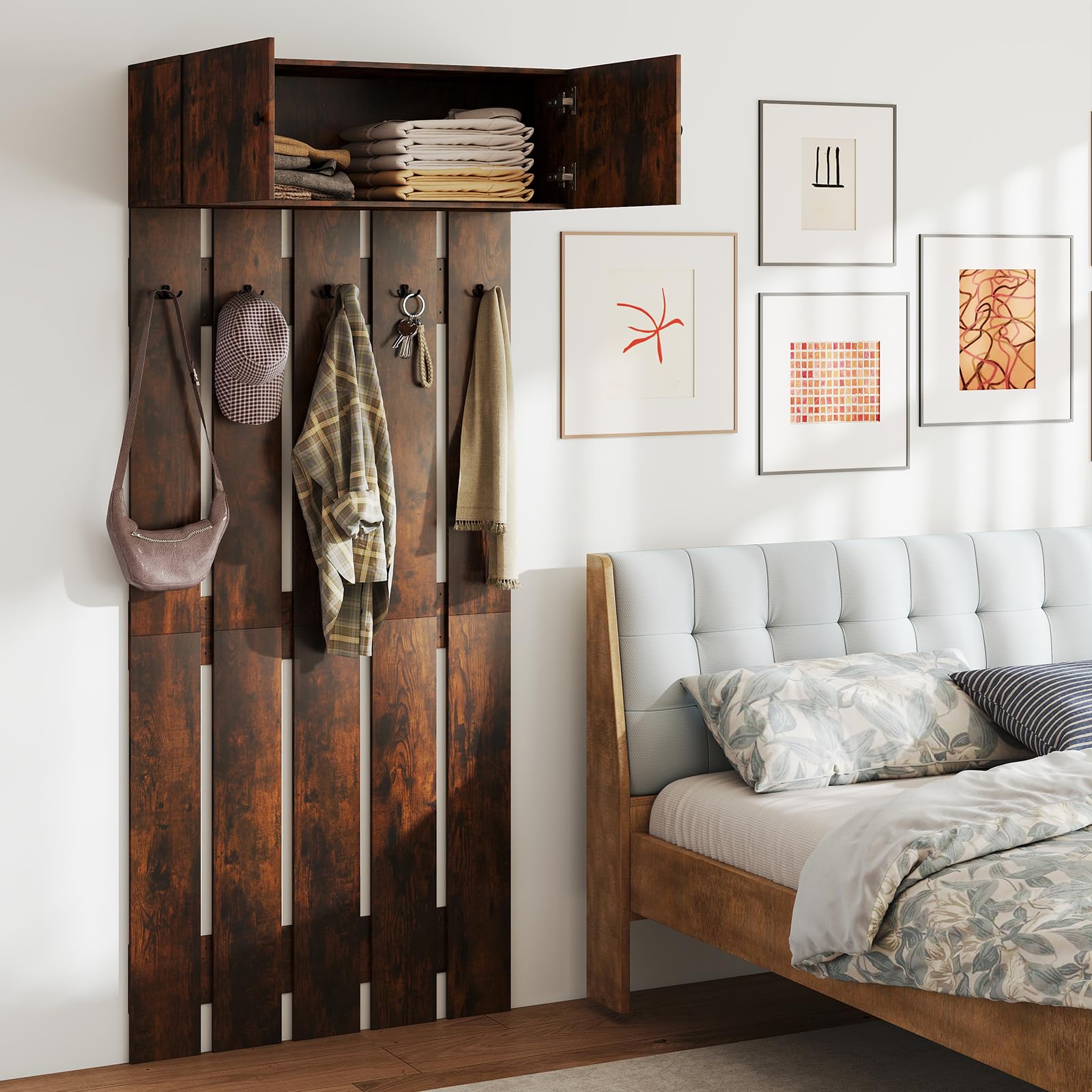 COSTWAY Appendiabiti da Parete per Ingresso, Attaccapanni in Legno con 5 Ganci Doppi e Armadietto a 2 Ante, Mensola Salvaspazio per Camera da Letto, Soggiorno e Cucina, 90 x 33 x 210 cm (Marrone)