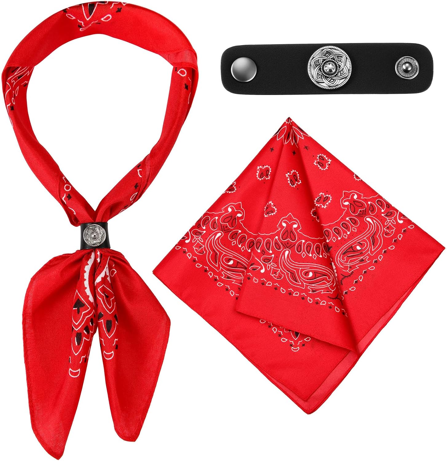1 Pcs Red Bandanas Scarf with Leather Ring Floral Buckle Paisley Bandana Headwear Western Scarf Gifts for Women Men