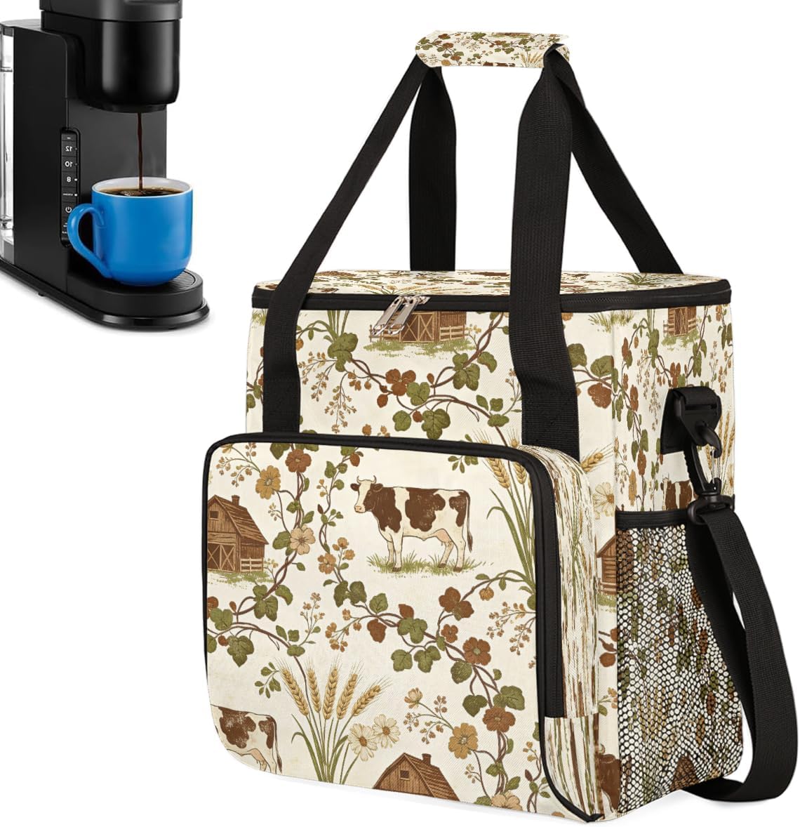 Vintage Cow Vine Pattern Portable Coffee Maker Carrying Bag Compatible with Keurig K-Mini/K-Mini Plus - Travel Storage Tote with K-Cup Pod Pockets for Single Serve Coffee Brewer