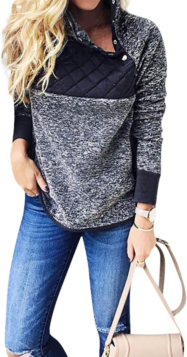 Riojay Women's Stand Collar Oblique Buttons Casual Long Sleeves Splice Fleece Pullover size M (Blue)