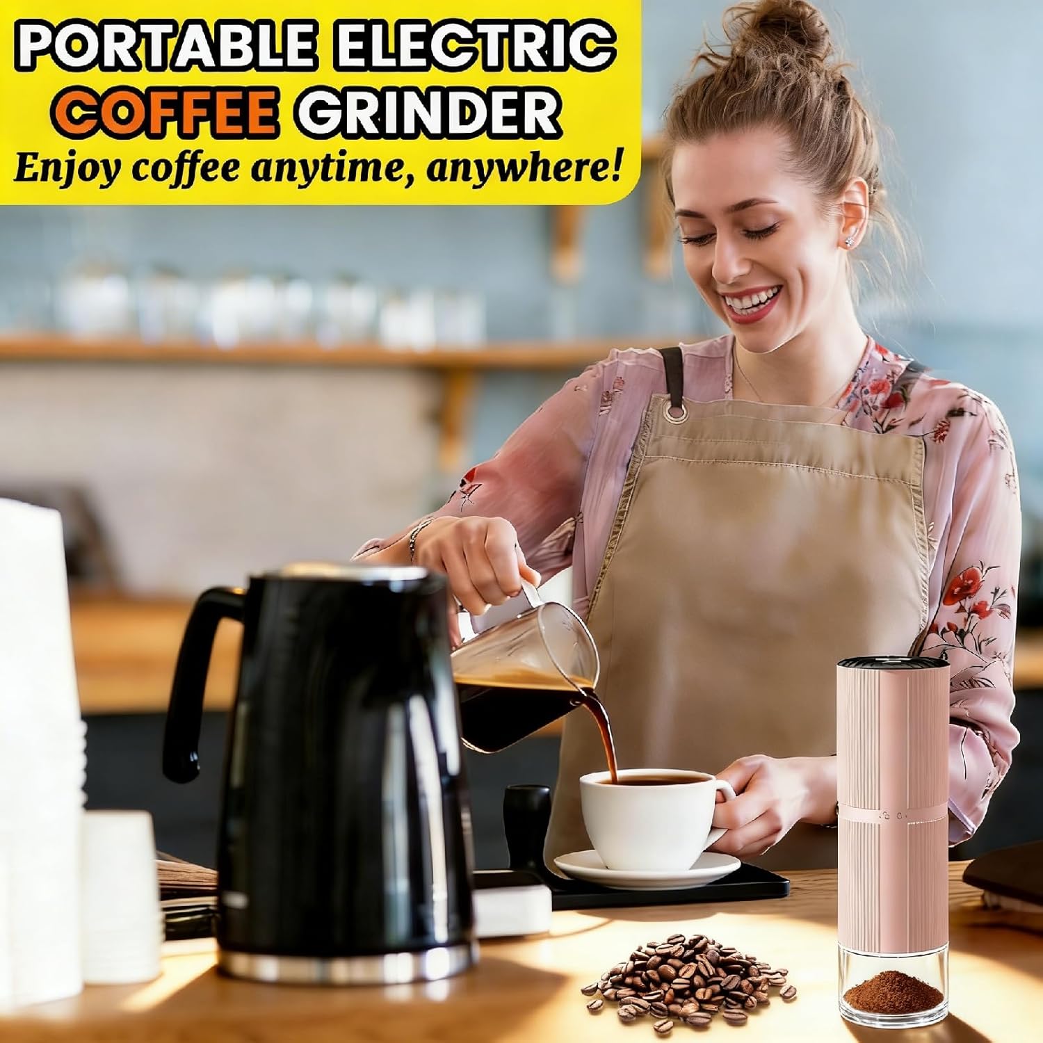 Portable Electric Conical Burr Coffee Grinder, USB-C Rechargeable Cordless Handheld, Adjustable Settings & Auto-Stop, Metal Shell for Travel, Camping, Home Espresso & French Press - Black