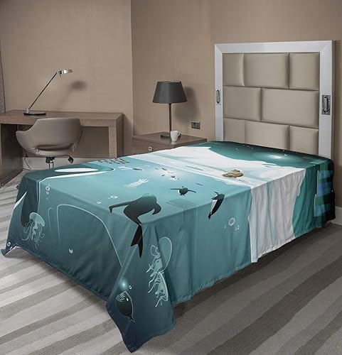 Miniatura 3 de Lunarable Whale Flat Sheet, Subaquatic Life in Arctic Circle with Fisherman Iceland Penguins Jellyfish, Soft Comfortable Top Sheet Decorative