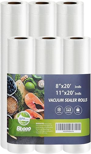 Bbaoo Paquete de 6 bolsas selladoras al vacío, 3 rollos de 11 pulgadas x 20 pies y 3 rollos de 8 x 20 pies para ahorrar alimentos, rollos de bolsas