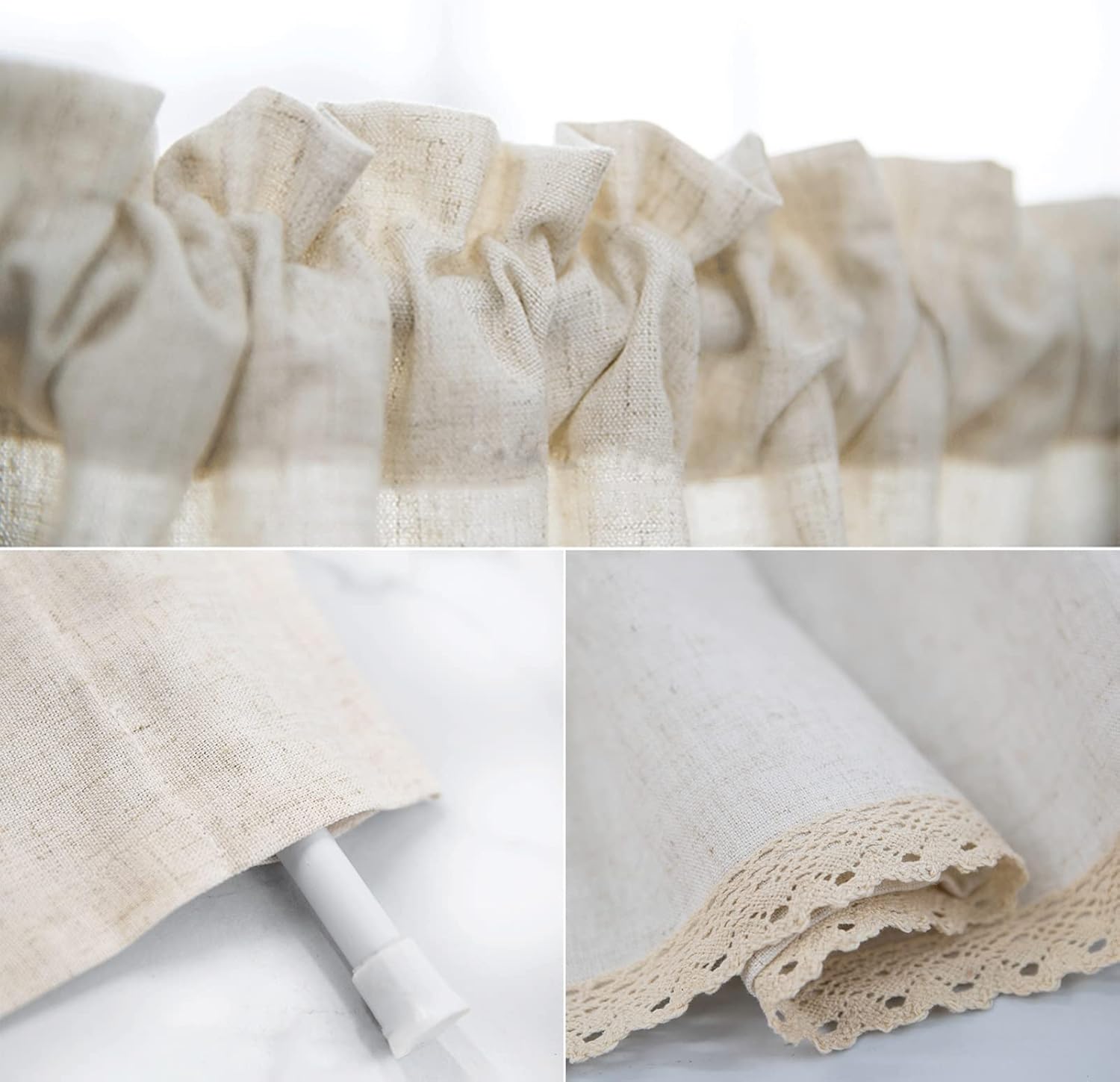 Short Kitchen Curtain Valance Tea White, Cotton Linen Tier Curtains Blackout Rural Style Rod Pocket, for Living Room, Bedroom, Cafe Decor Windows (Size : W180xH60cm/70.8x23.6in)