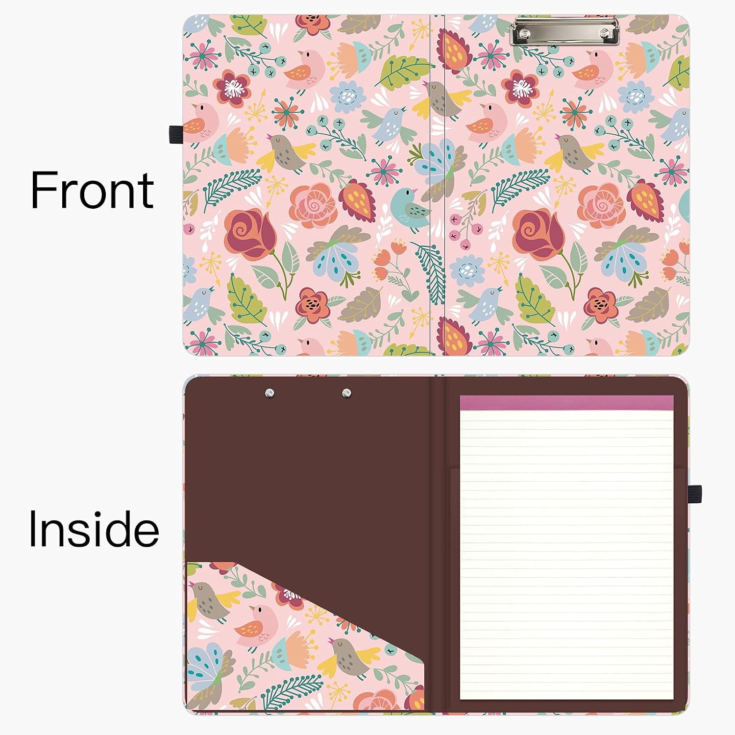 Hongri Clipboard Folio with Refillable Lined Notepad and Interior Storage Pocket for Students, Classroom, Office, Women, Man, Cute Custom Pattern, Size 12.8 x 9.2 in, Flower Bird