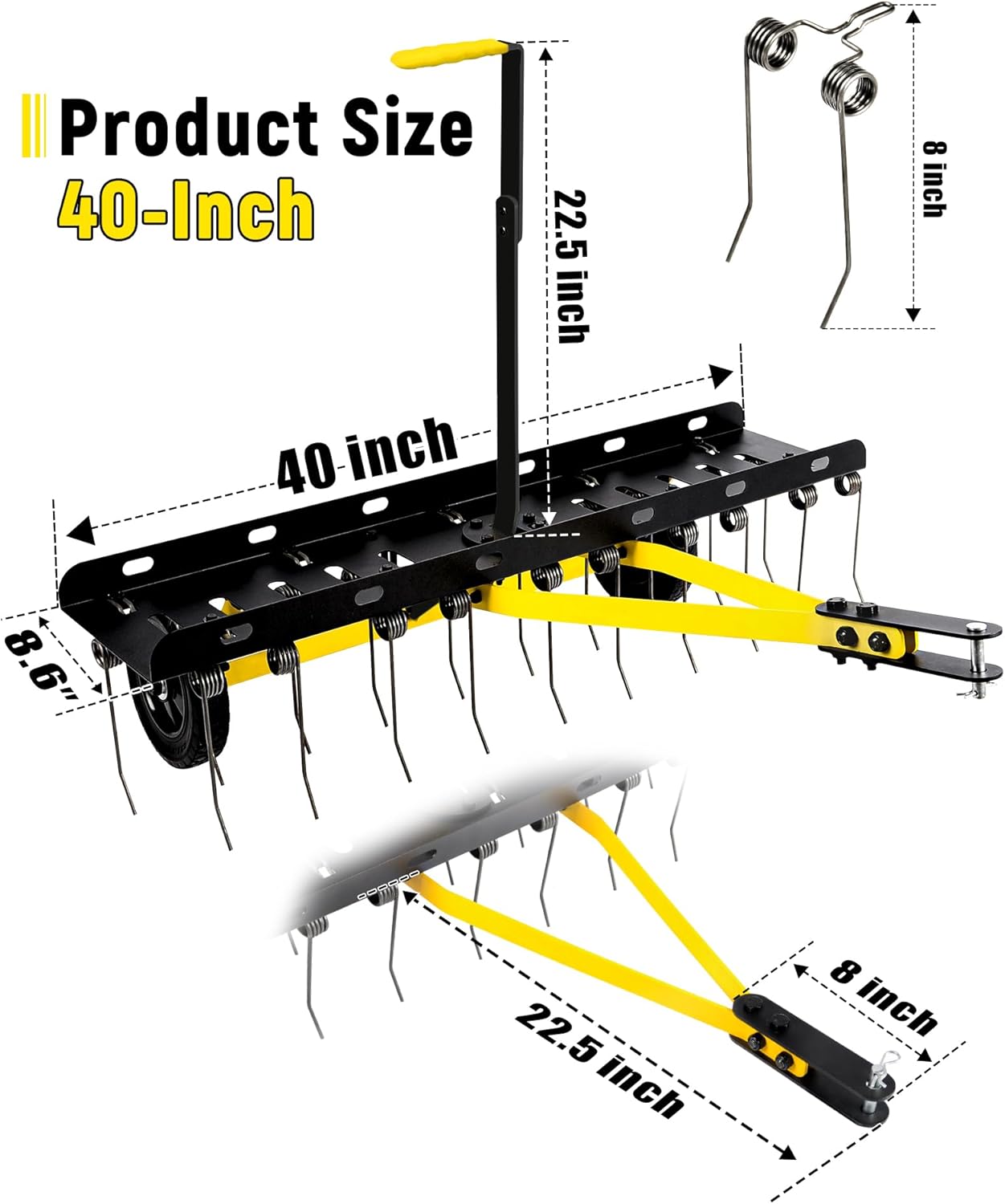 40 Inch Tow Behind Dethatcher, Pull Behind Lawn Dethatcher with 20 Spring Steel Tines, Grass Dethatcher, Removes Thatch, Riding Lawn Tractor for Large Lawns, Yard and Garden Care