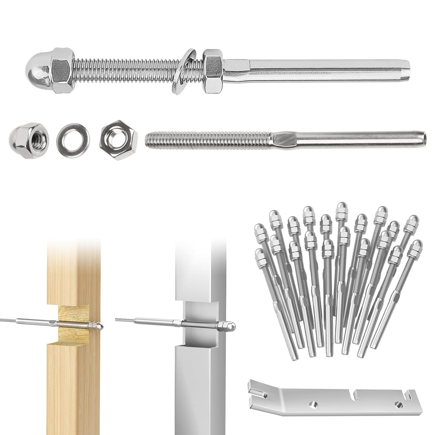 CKE 20 Pack Cable Railing Kit, Hand Swage Threaded Stud Tensioner End Fitting Terminal for 3/16" Cable for 2x2 Wood/Metal Post, T316 Stainless Steel Cable Railing Hardware Tensioner CR06