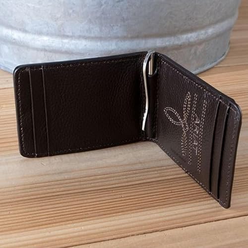Miniatura 7 de ARIAT Billetera para hombres, cuero genuino marrón, estilo clip para dinero, bandera de EE. UU. desgastada, logotipo de escudo, ranuras