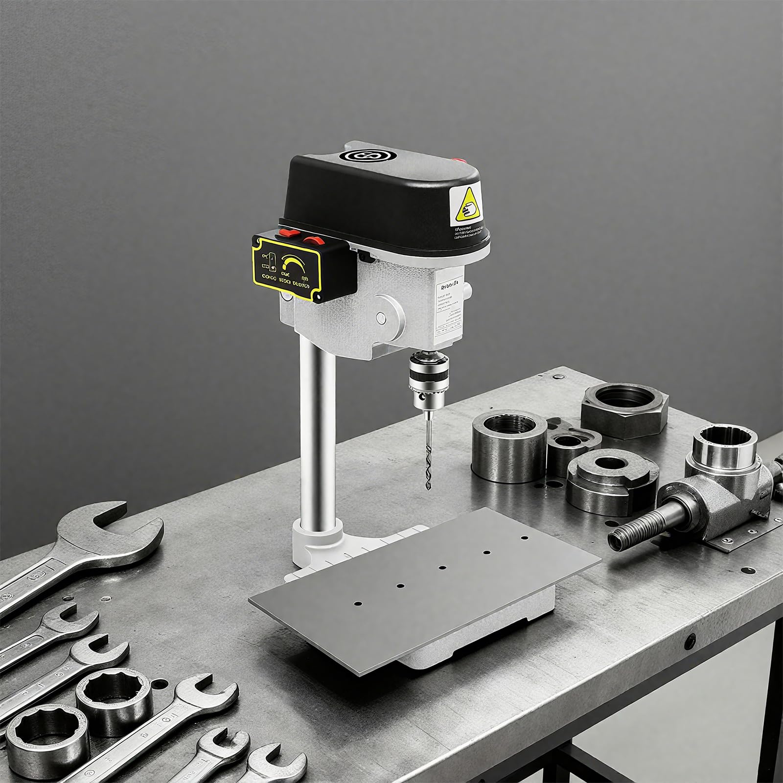 Trapano da tavolo 340 W, precisione a colonna con velocità continua (0-16.000 giri/min) e arresto di profondità, costruzione in ghisa per legno/metallo/plastica, profondità di foratura 25 mm