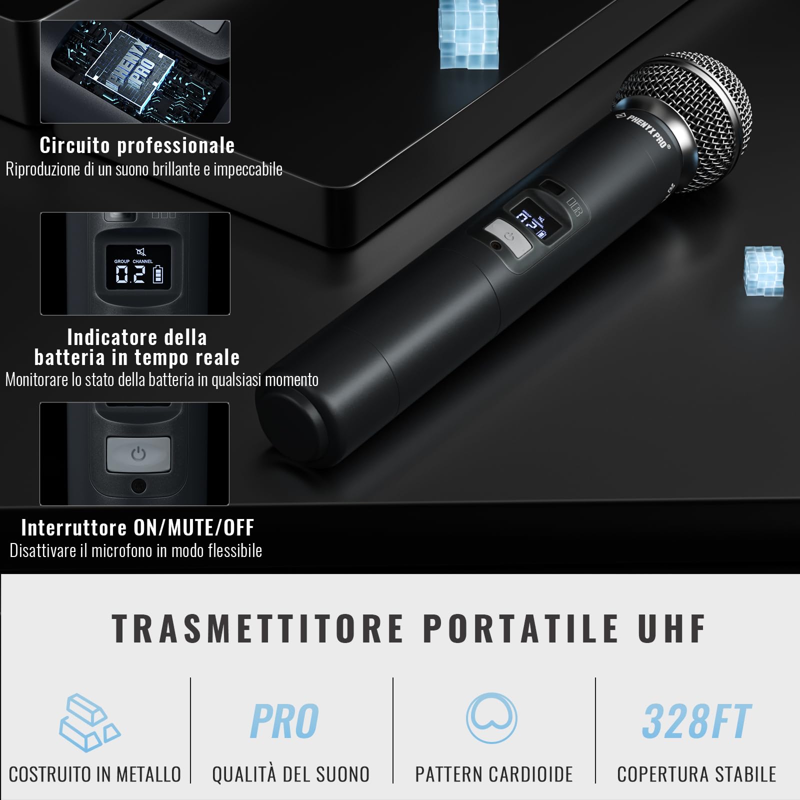 Phenyx Pro Sistema Microfono Wireless UHF a 4 canali PTU-7000-2H2B | Auto Scan, 2 microfoni dinamici, 2 bodypack, mic headset/lavalier, 4 × 40 frequenze, portata 328 ft, DJ set