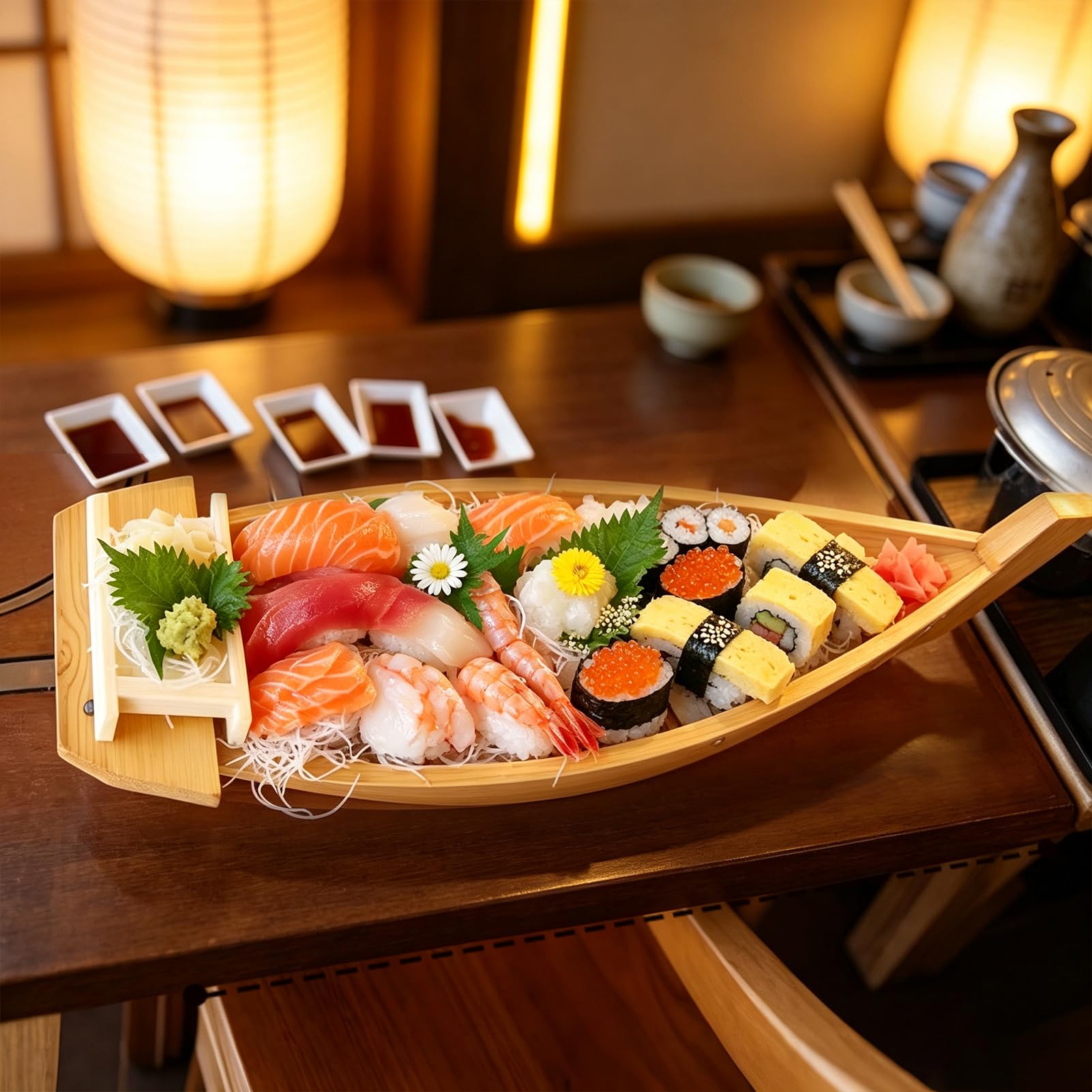 Bandeja de Barco de Sushi de Bambú Ecológica - Superficie Lacada de Grado Alimentario, Perfecta para Restaurantes, Eventos de Catering y Comidas en Casa