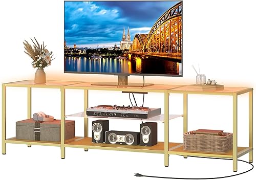 Miniatura 10 de Soporte de TV con luces LED y tomas de corriente para televisores de hasta 75 pulgadas, moderna mesa consola de TV de vidrio templado de 63 pulgadas