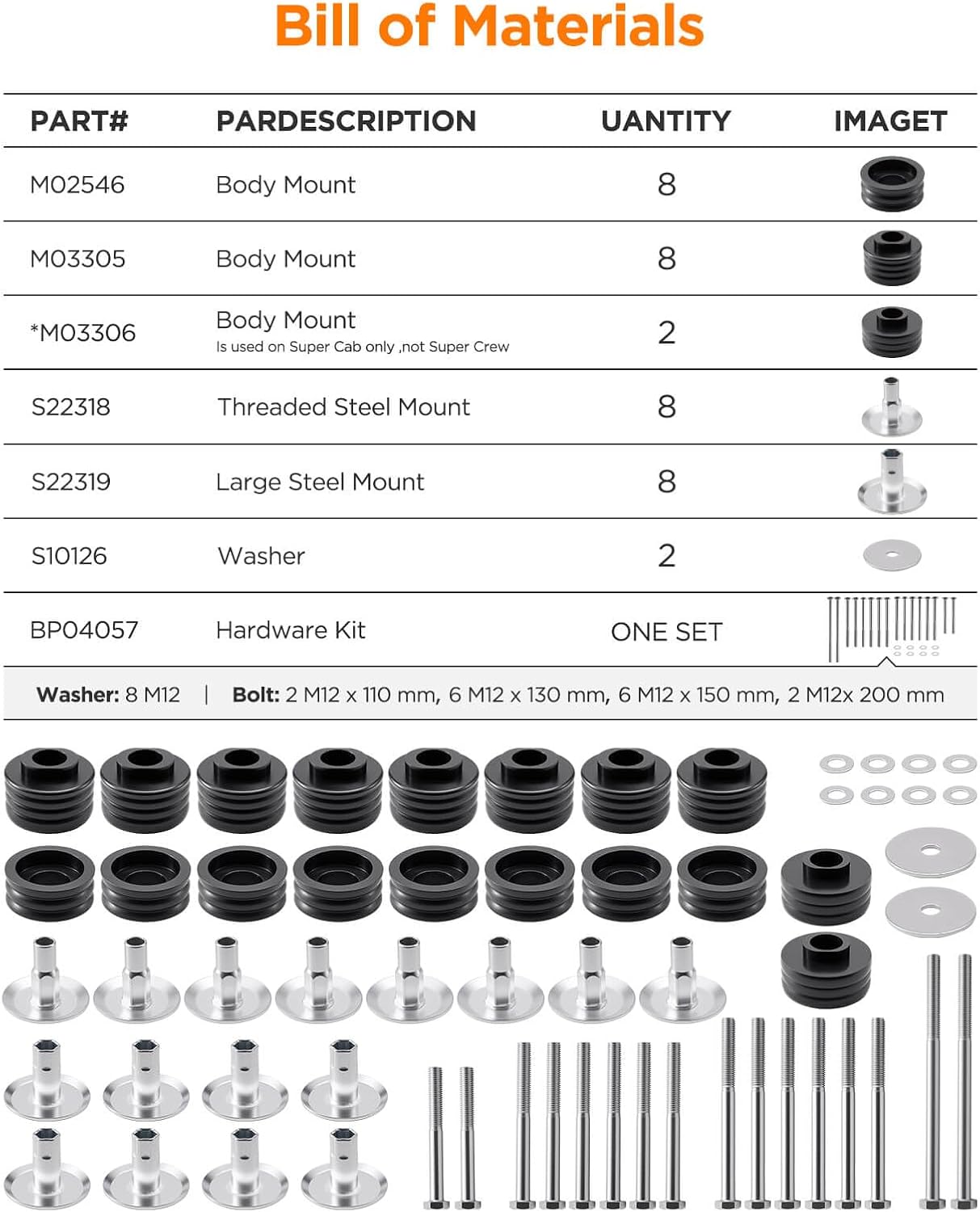 KF04058BK Body Cab Mount Bushing Kit (No Include Nuts) for Ford F250/F350 1999-2007 Super Duty 2WD/4WD Body Mount Bushing Kit Cab Steel Sleeves Hardware Polyurethane Black for F250/F350 Accessories
