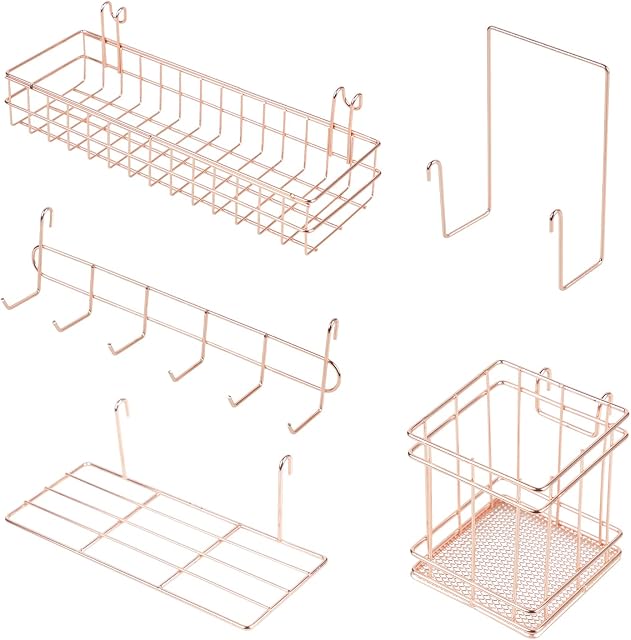 DBREAKS 5 x Hanging Baskets Hanging Shelf & Hook Rack, Pen Holder, Bookshelf Rose Gold Wall Grid Accessories for Grid Wall Field, Grid Wall Storage Space for Grid Photo Wall