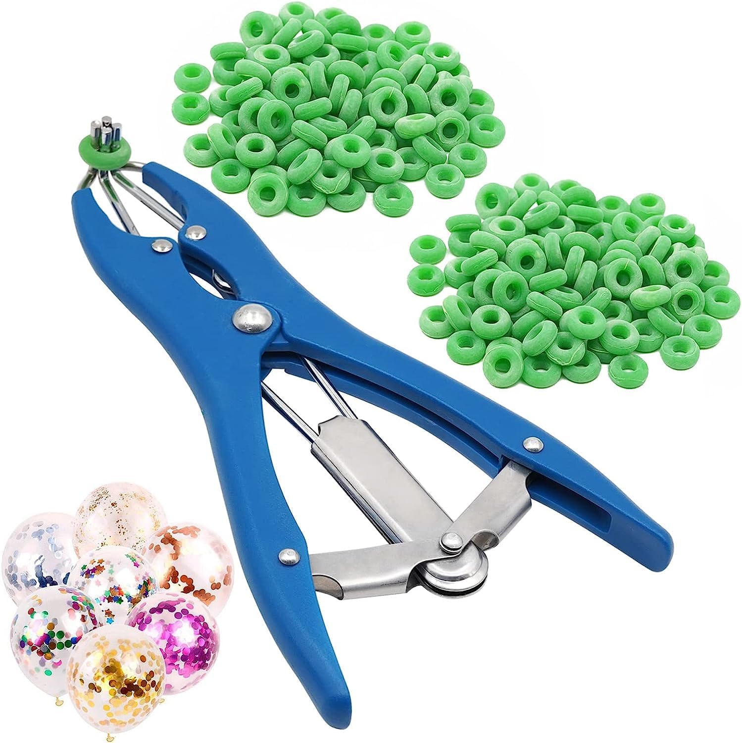 MOGOULUA Balloon Expansion Pliers with 200 Pieces Rubber Rings Balloon Fill Sequins Tool Elstrator Pliers for Goats Cattle Veterinary Equipment Tool