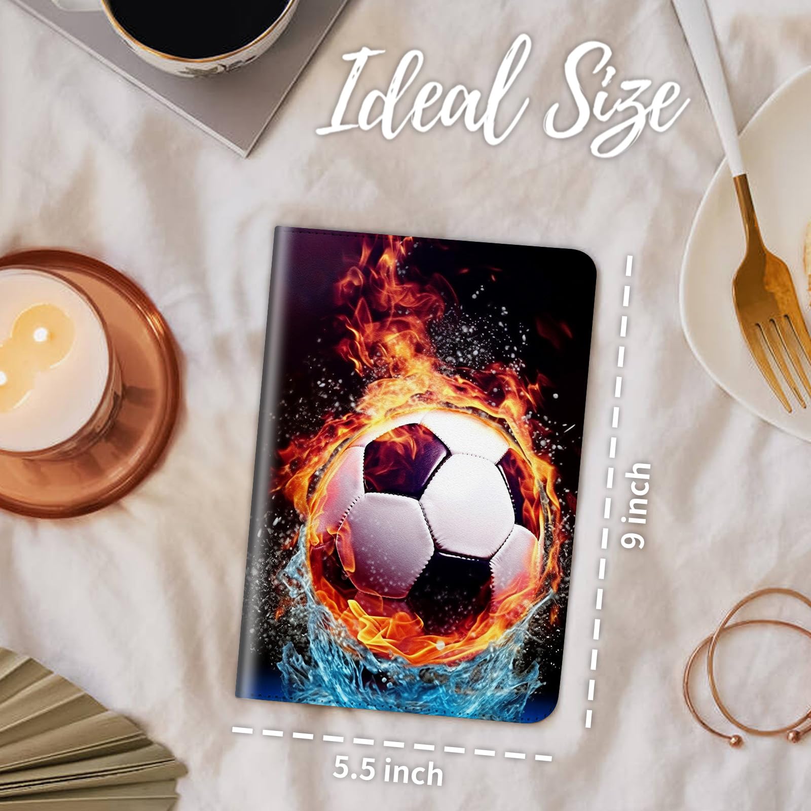 Server Books for Waitress, Waitress Book with Elastic Bandage Closure PU Leather Organizer with Zipper Money Pocket Fit Server Apron, Water Fire Soccer Ball