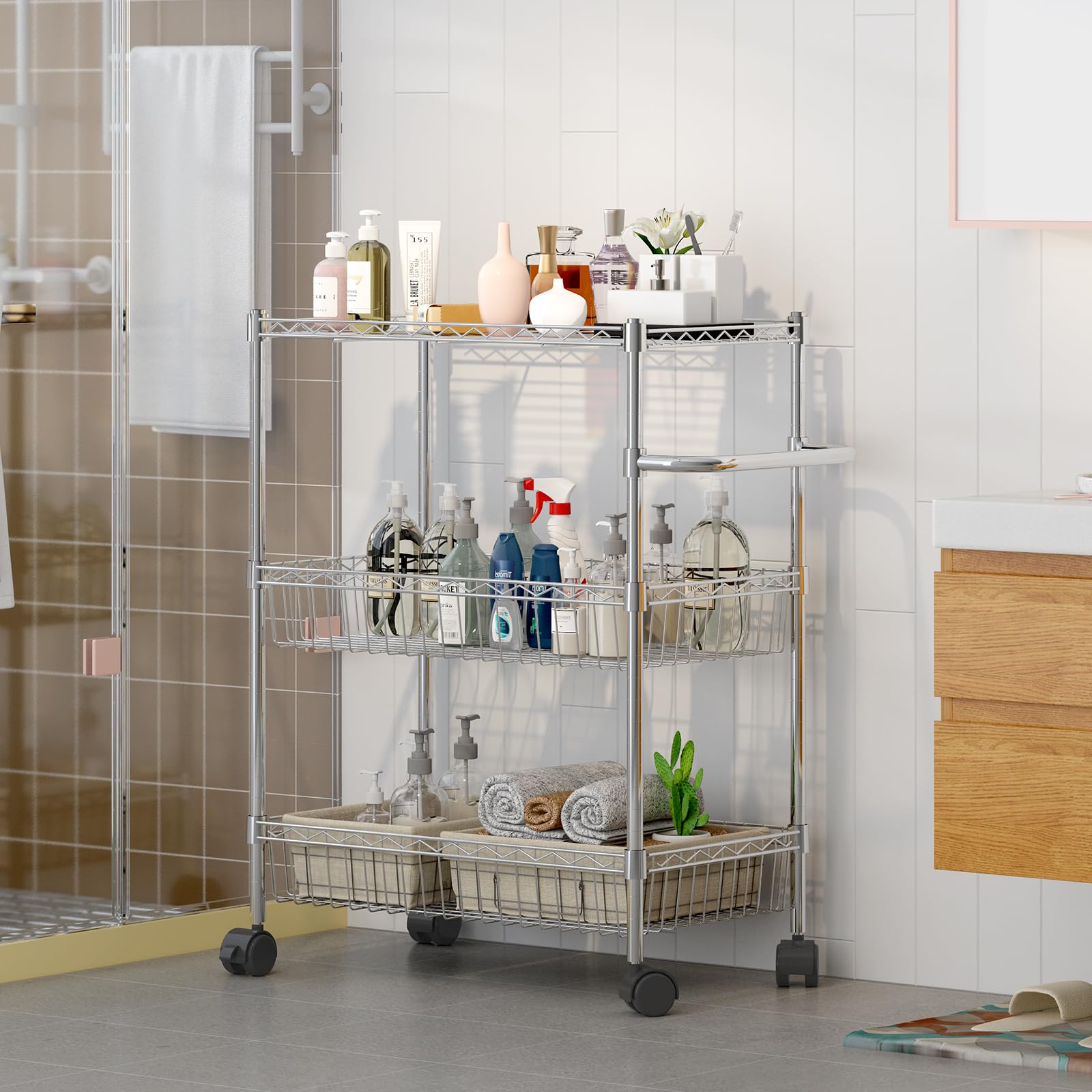 Garvee Carrito Auxiliar de Cocina con Ruedas de Hierro 3 Niveles Plateado