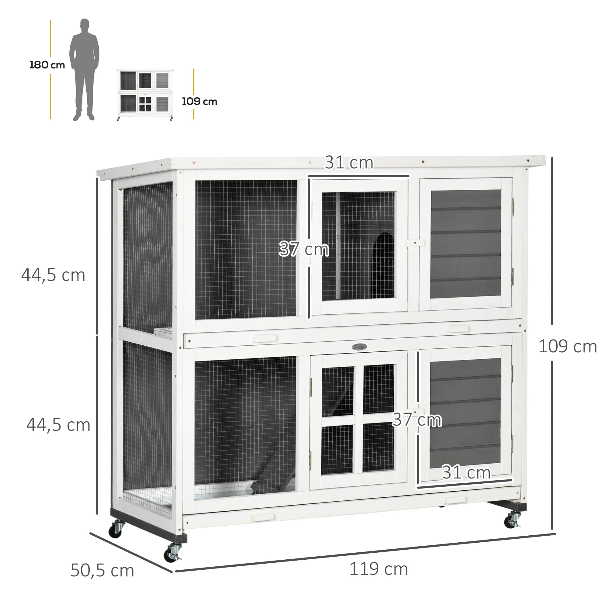 PawHut Conejera de Madera de 2 Niveles Jaula para Conejos con Ruedas 2 Puertas Techo y 2 Bandejas Extraíbles Conejera para Interior y Exterior 119x50,5x109 cm Blanco y Gris