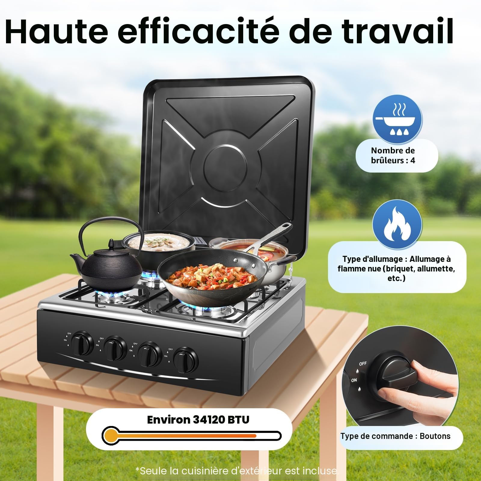 Réchaud à gaz d'extérieur à 4 brûleurs, réchaud à gaz portable avec double couche de mémoire et design coupe-vent, réchaud à gaz portable pour camping et extérieur (noir)