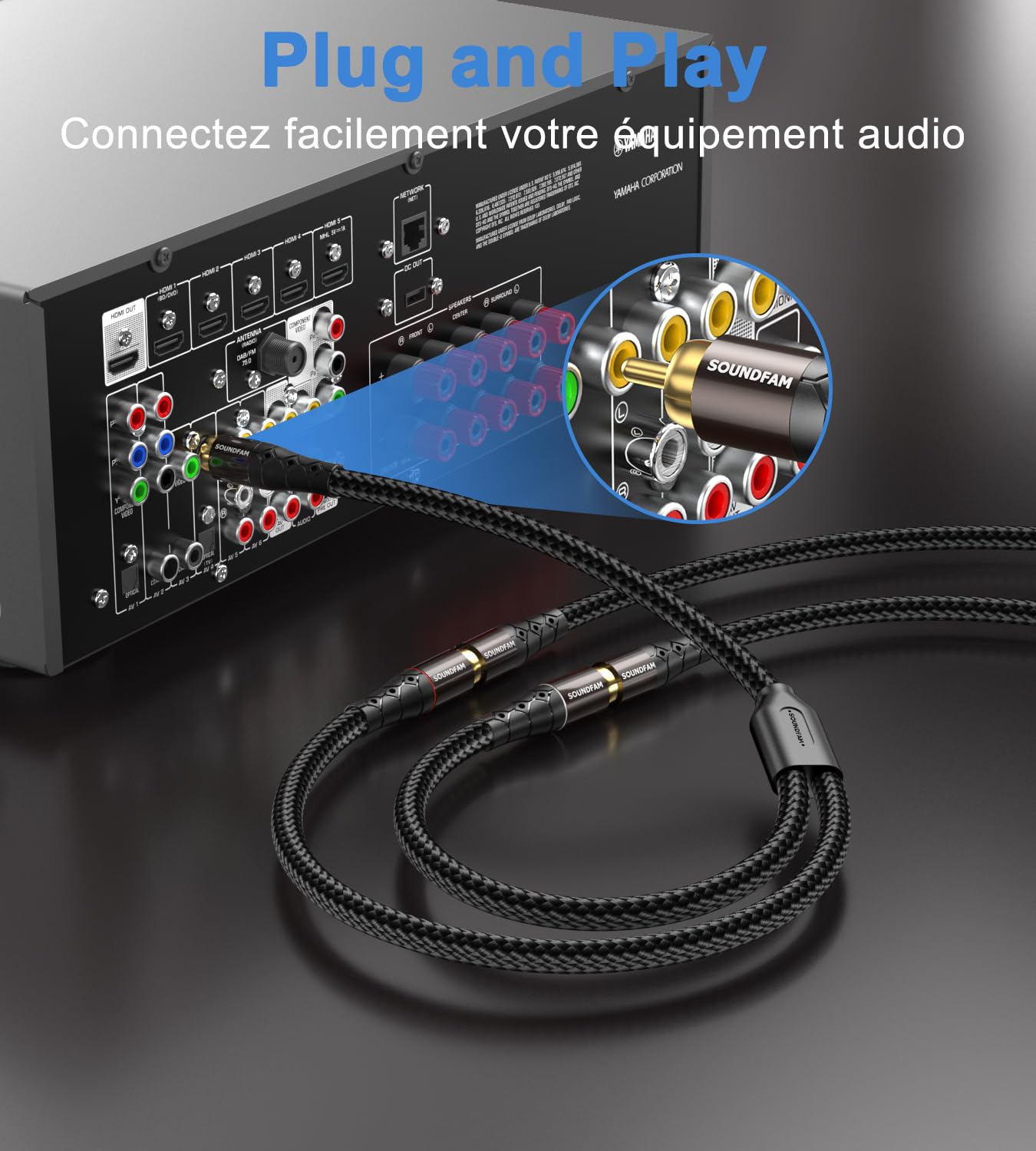 Répartiteur RCA Y Câble Répartiteur RCA/Phono SOUNDFAM 1 Mâle vers 2 Femelles Fiche Plaquée or Répartiteur Cinch​ Adaptateur Stéréo Y Pour Caisson de Basses, TV, Lecteur CD, Home Cinéma - Noir (30 cm)